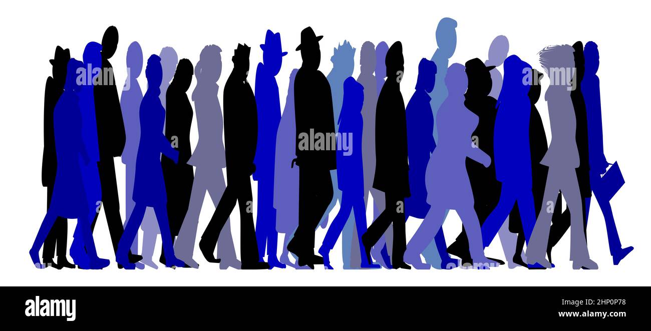 Abstract of various types of folk rushing ahead and isolated over a white background Stock Photo