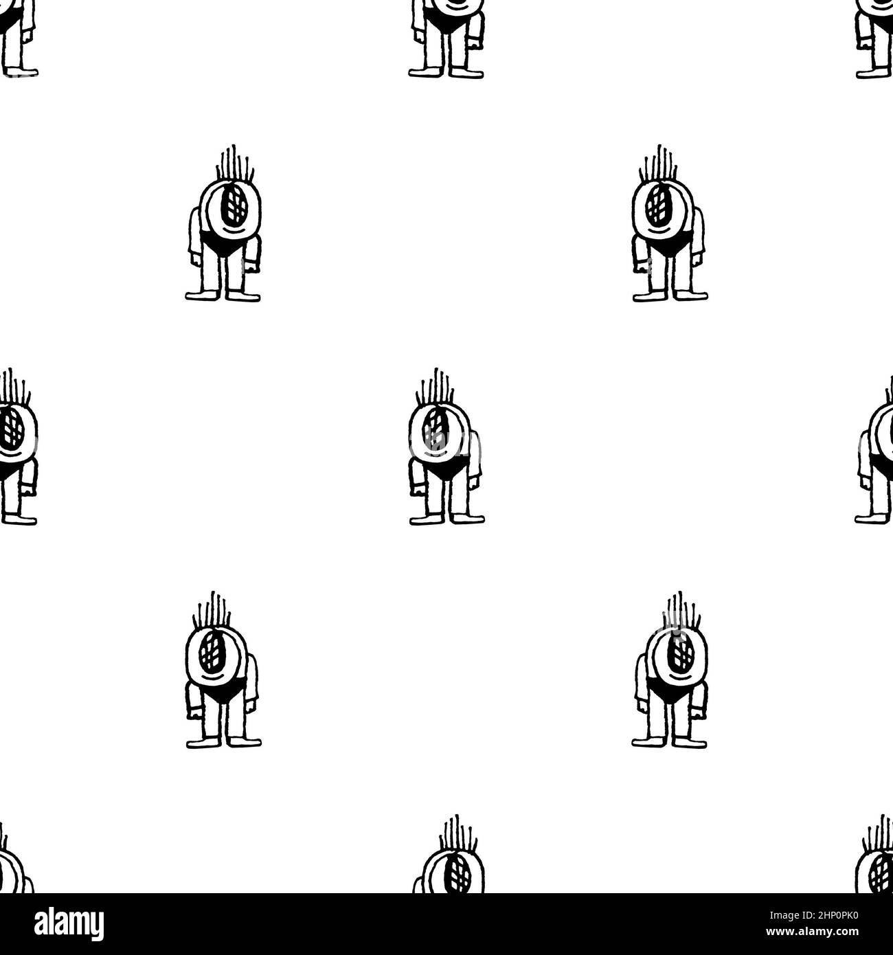 Sketchy style cute baby alien or robot black and white seamless pattern illustration Stock Photo