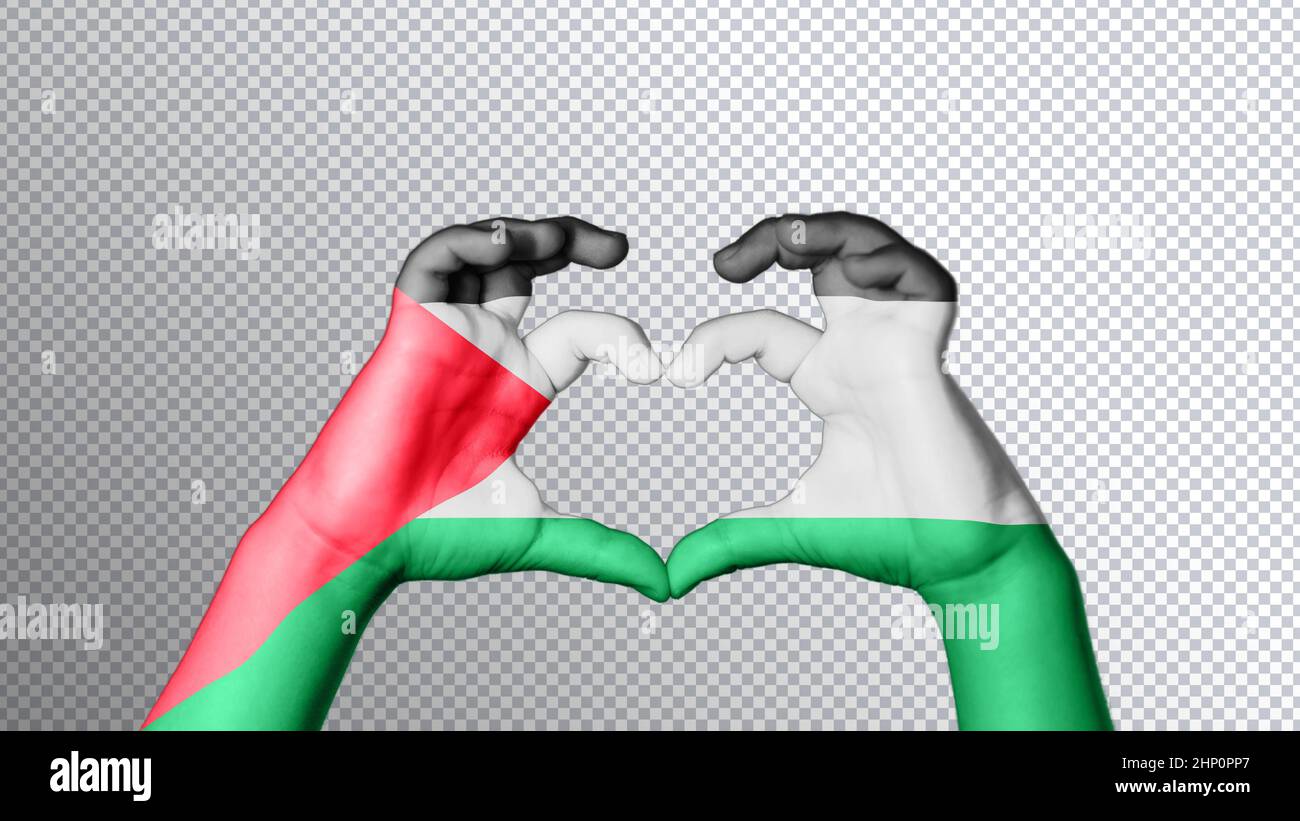 Palestine flag color, hands show symbol of heart and love, clipping path Stock Photo