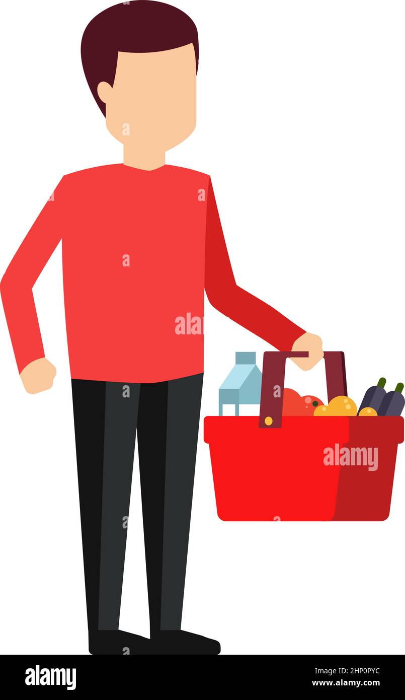 Man carrying red basket with groceries. Supermarket customer Stock