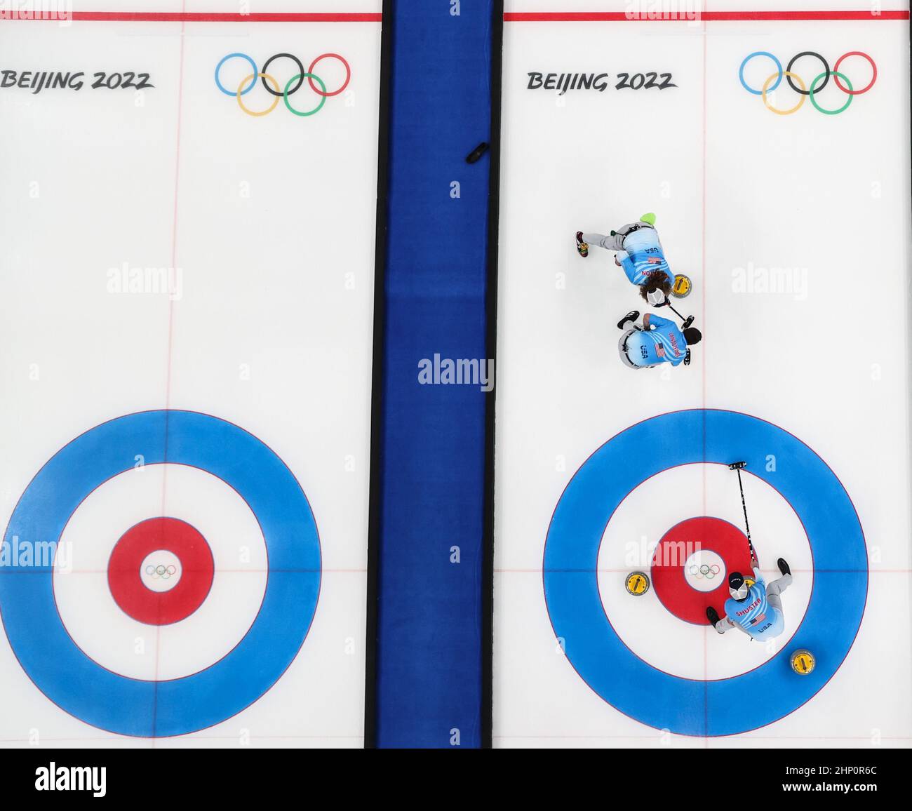 Beijing, China. 18th Feb, 2022. John Landsteiner (C) of the United States competes during the curling men's bronze medal game of Beijing 2022 Winter Olympics between Canada and the United States at National Aquatics Centre in Beijing, capital of China, Feb. 18, 2022. Credit: Yang Lei/Xinhua/Alamy Live News Stock Photo
