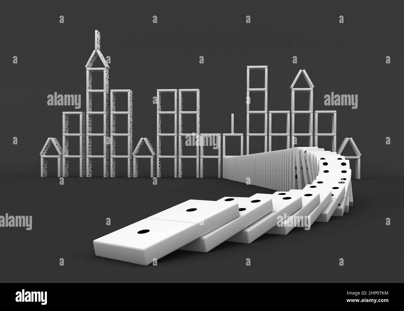 Domino Effect Crisis Concept 3D Render. Stock Photo