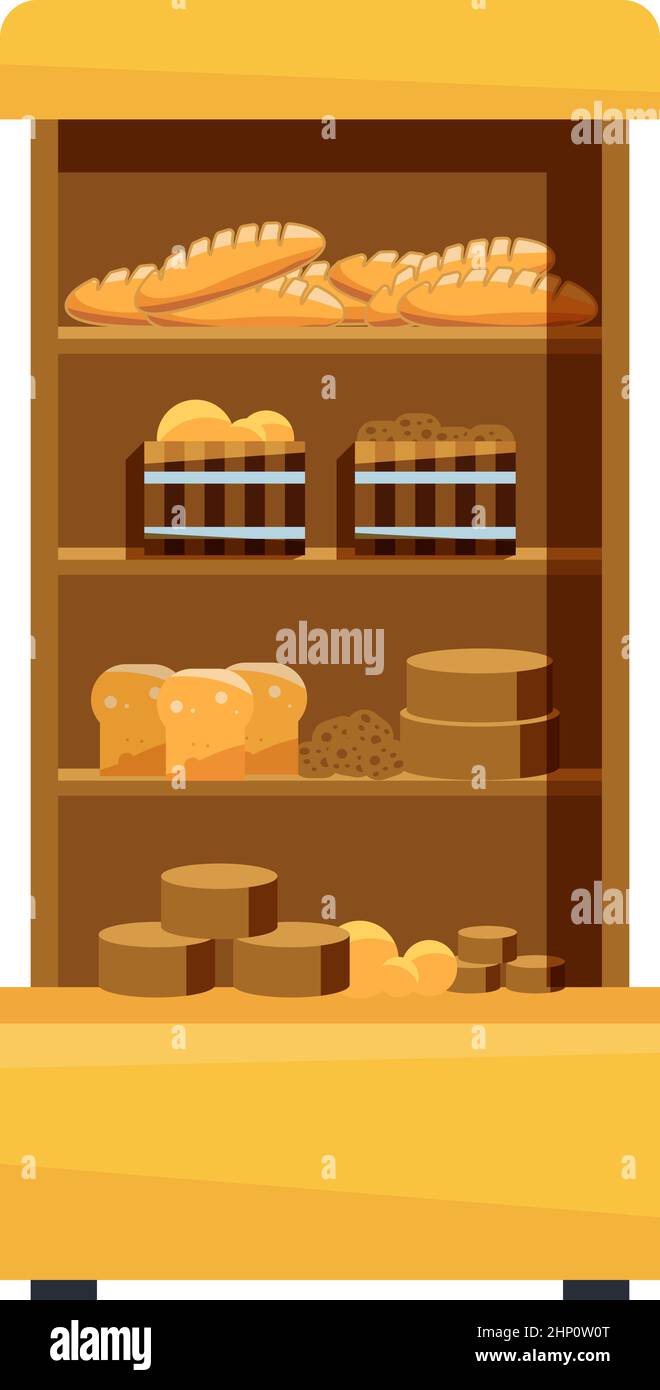 Bakery display. Store shelves with bread and pastry. Fresh food retail Stock Vector
