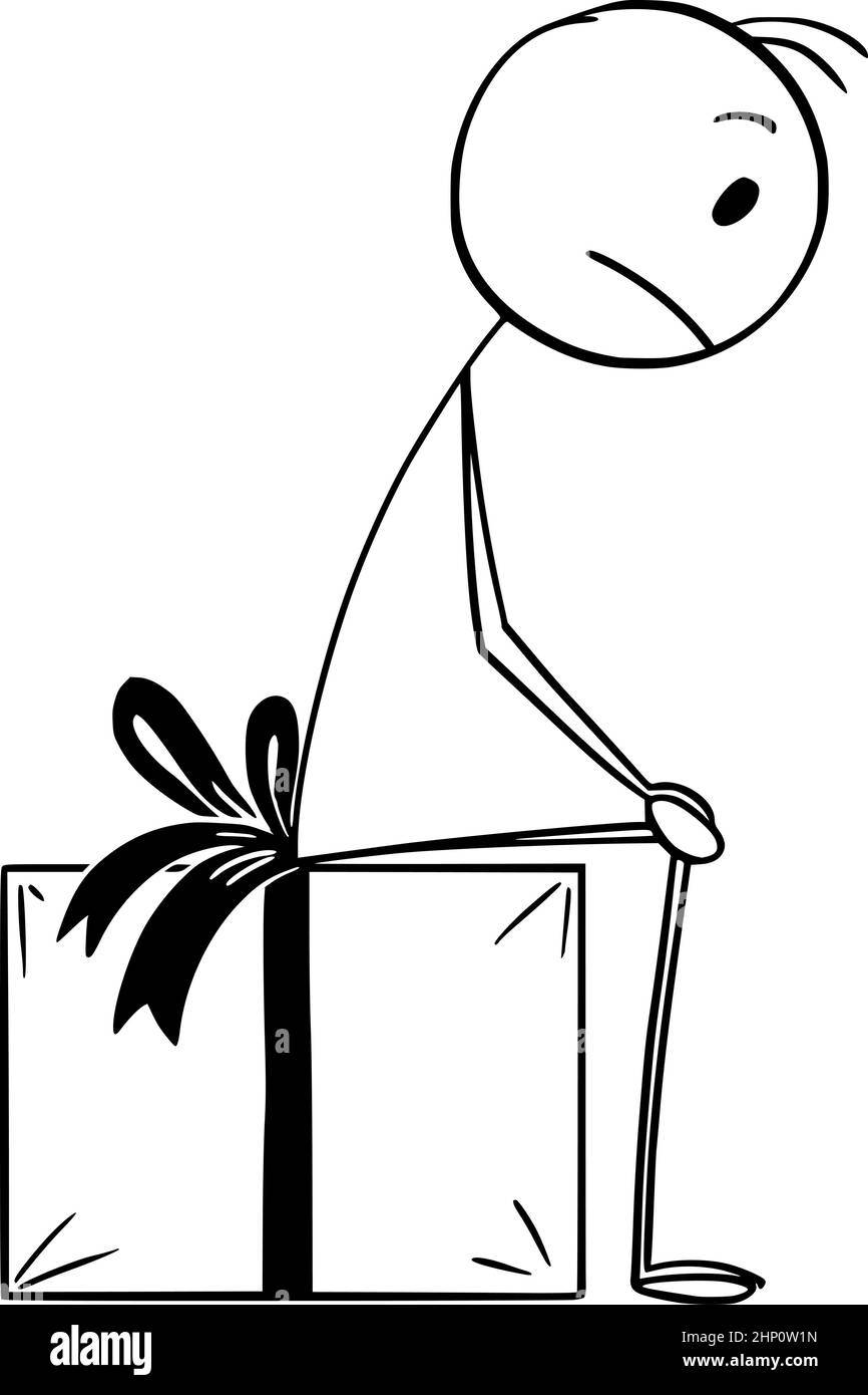 Sad Person Sitting on Wrapped Gift or Present, Vector Cartoon Stick Figure Illustration Stock Vector