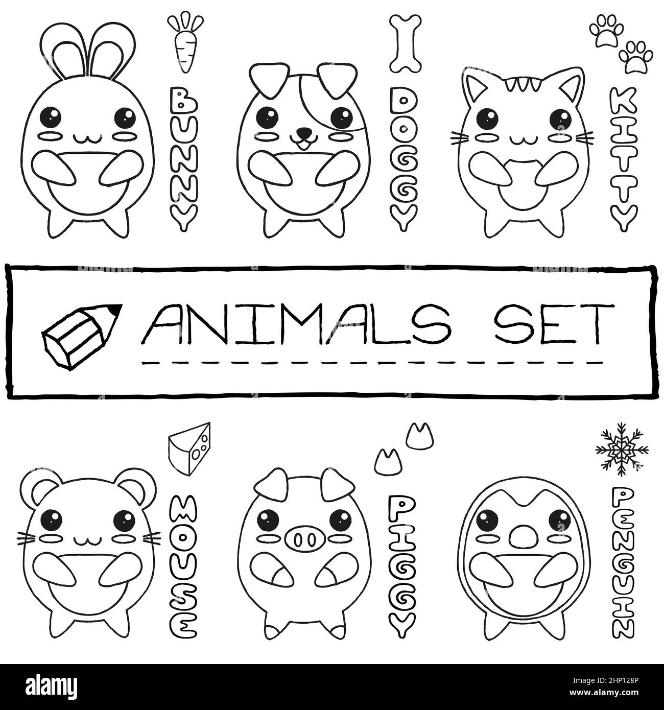 Hand drawn set of japanese style baby animals. Vector illustration ...