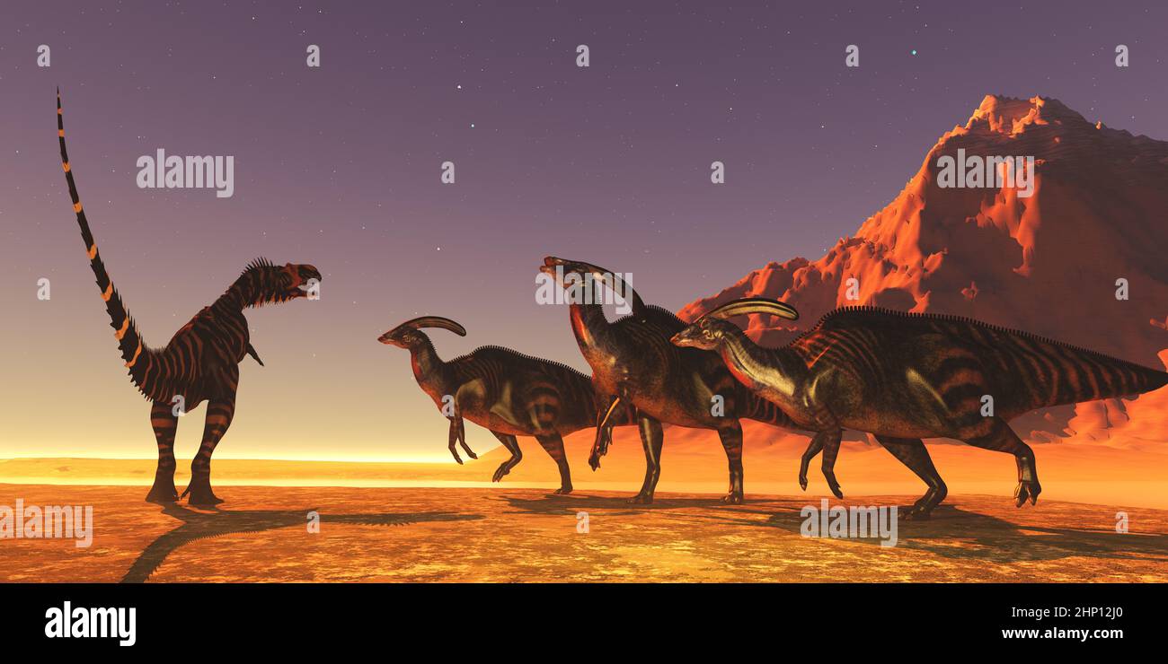 A theropod carnivorous Rajasaurus dinosaur confronts a herd of Parasaurolophus sauropods. Stock Photo