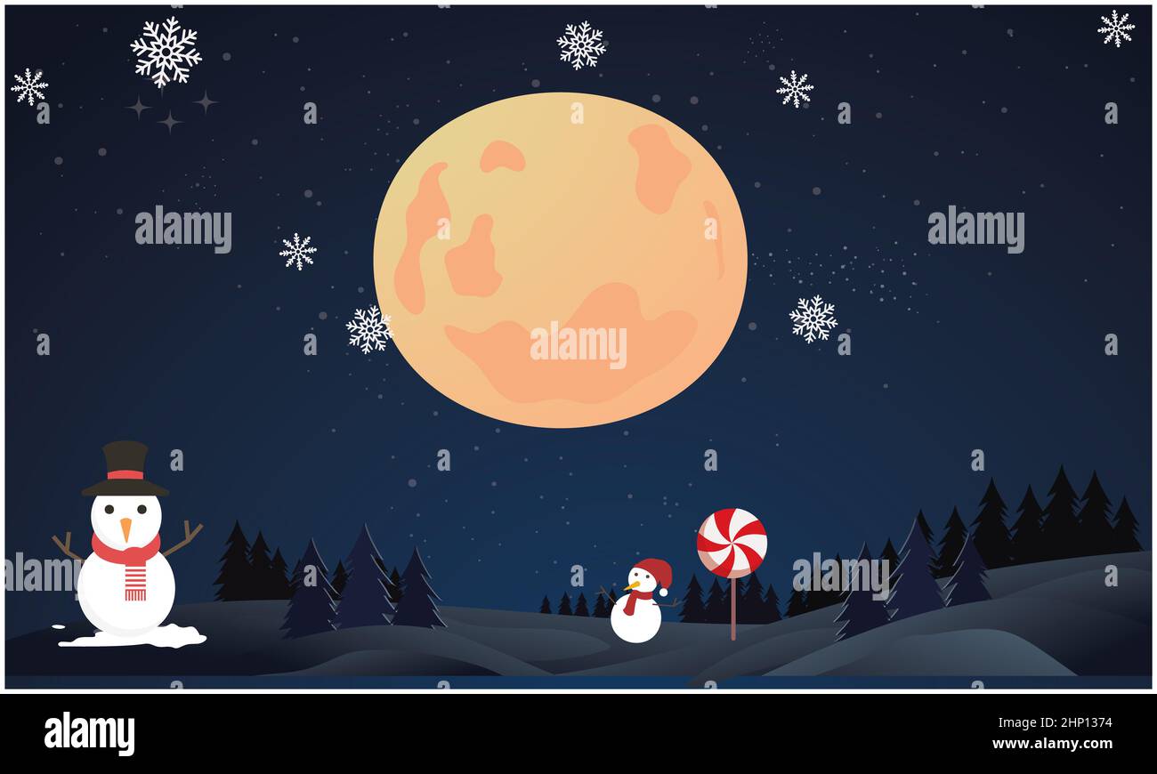 big and small snowman in the moon night during Christmas Stock Photo