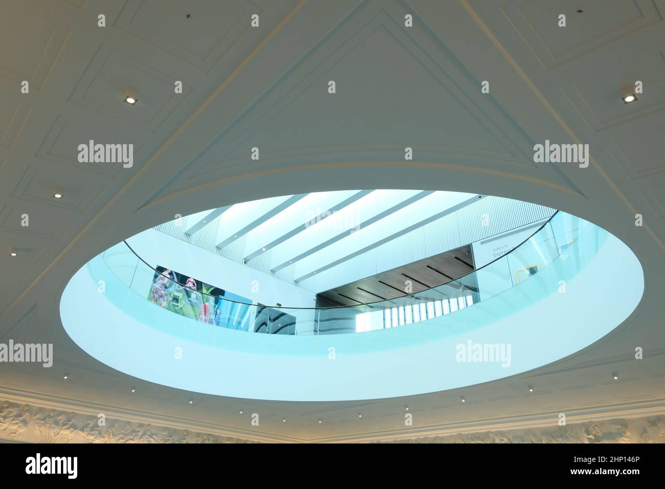 A colour photograph of the top floor of Aberdeen Art Gallery.  Photographed from the floor below. Stock Photo