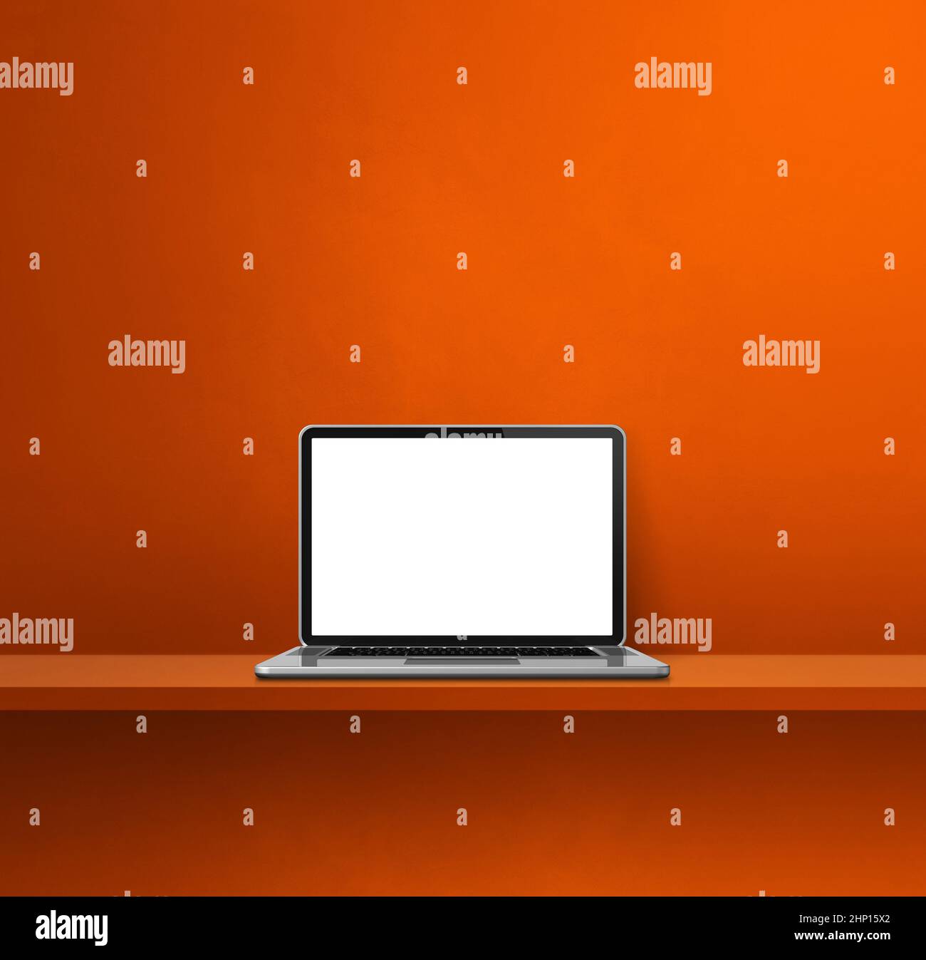 Laptop computer on orange shelf. Square background. 3D Illustration ...