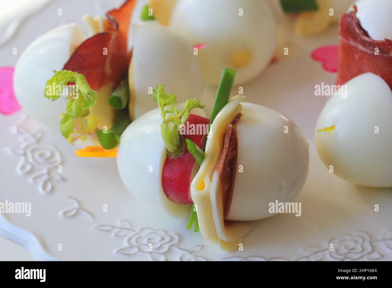 Keto . Hard boiled egg, radish , cheese and bacon sandwich Stock Photo