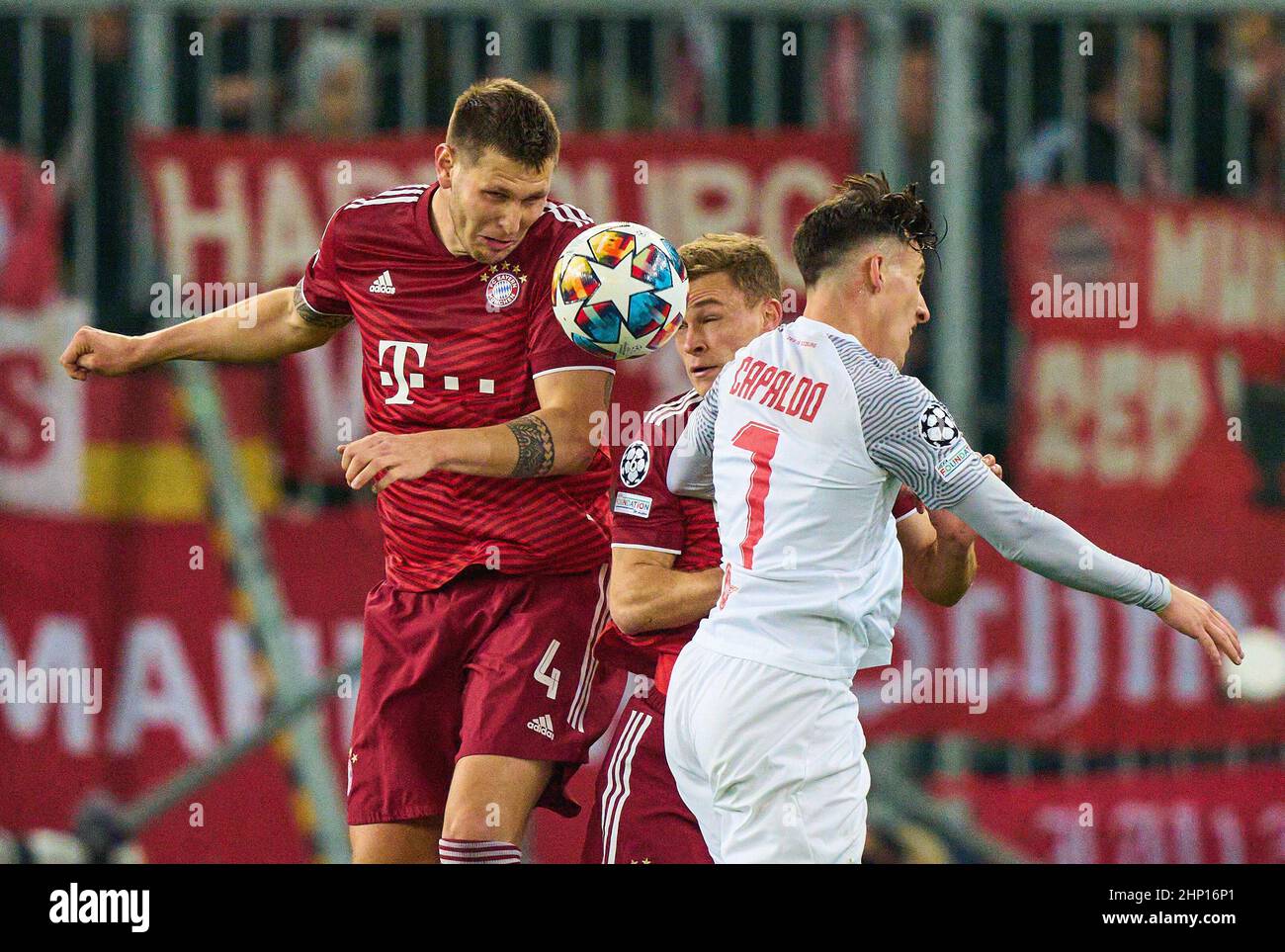 Niklas SUELE, SÜLE, FCB 4 Joshua KIMMICH, FCB 6   compete for the ball, tackling, duel, header, zweikampf, action, fight against Nicolas Capaldo, FC Salzburg Nr. 7  in the match  FC Red Bull SALZBURG - FC BAYERN MUENCHEN of football UEFA Champions League, round of 16 in season 2021/2022 in Salzburg, Feb 16, 20201.  Achtelfinale, FCB, Red Bull,  © Peter Schatz / Alamy Live News Stock Photo