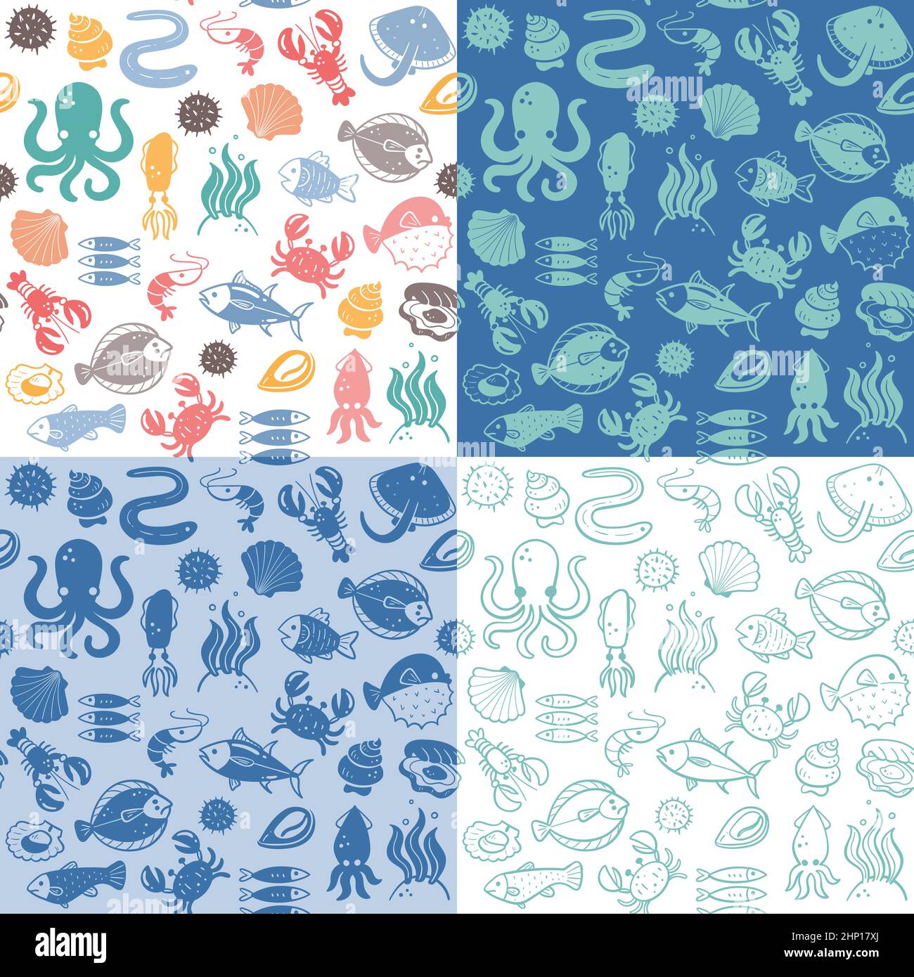 Seafood seamless pattern collection. Fish, seaweed and shellfish. Food ingredients for cooking illustration. Colorful, monochrome silhouettes and dood Stock Vector