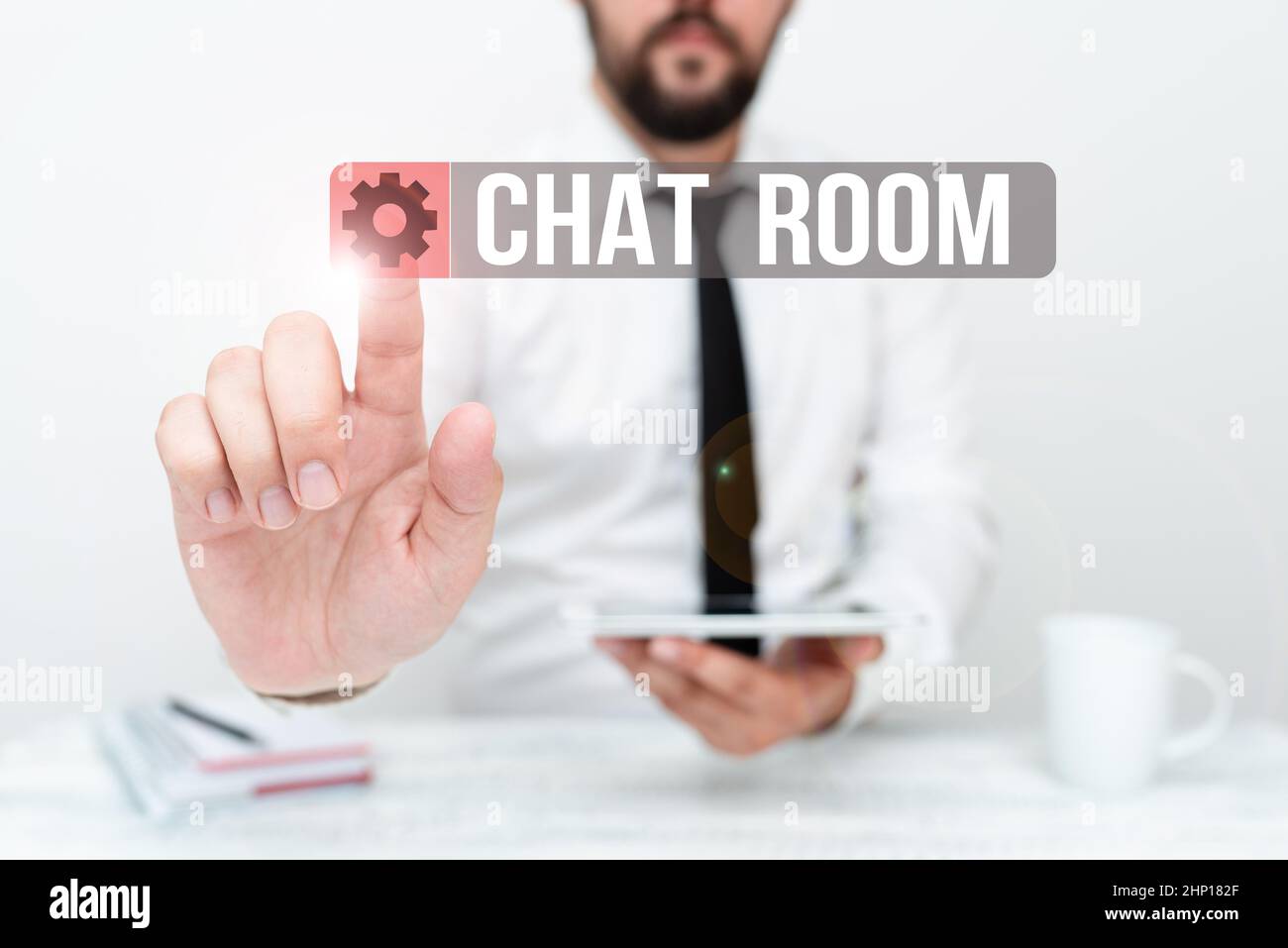 Text caption presenting Chat Room, Business approach area on the Internet or computer network where users communicate Presenting Communication Technol Stock Photo