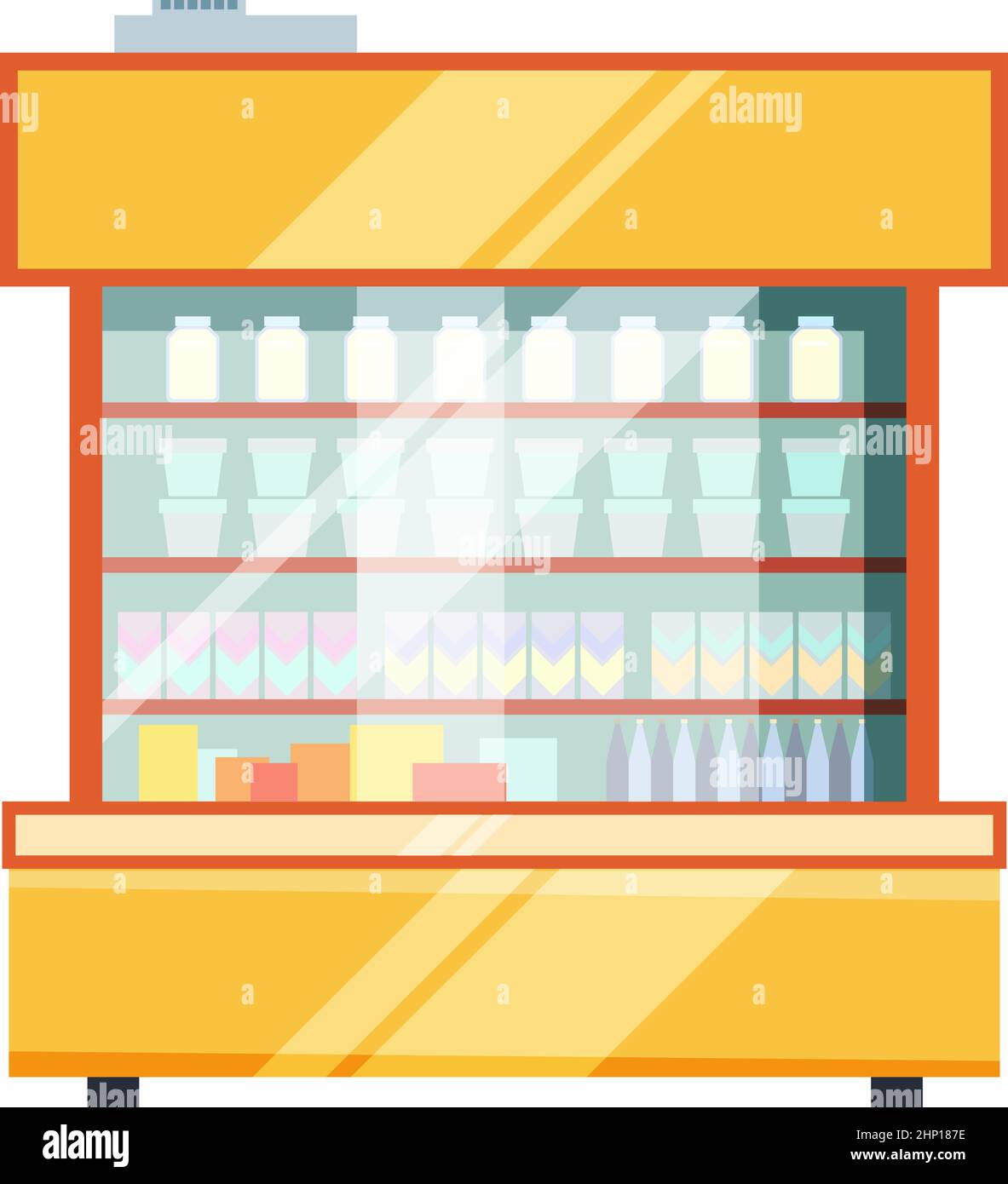 Store refrigerator with food on shelves. Dairy products showcase Stock Vector