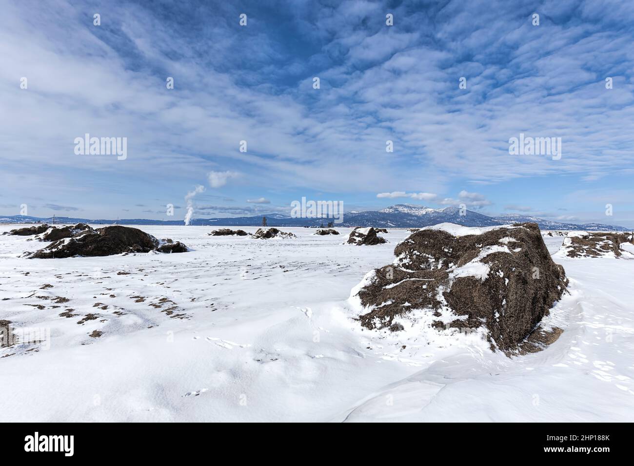 Large fertilizer piles on the Rathdrum Prairie during winter in north Idaho. Stock Photo