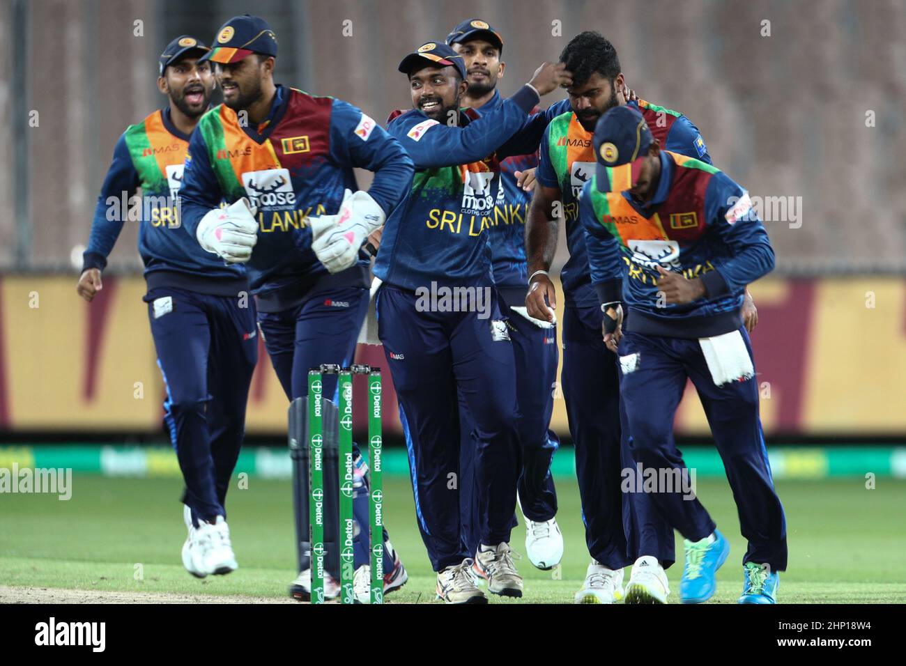 Melbourne Australia February 18 Players From The Sri Lanka Team Celebrate The Wicket Of ron Finch Of Australia During Game Four Of The T International Series Between Australia And Sri Lanka