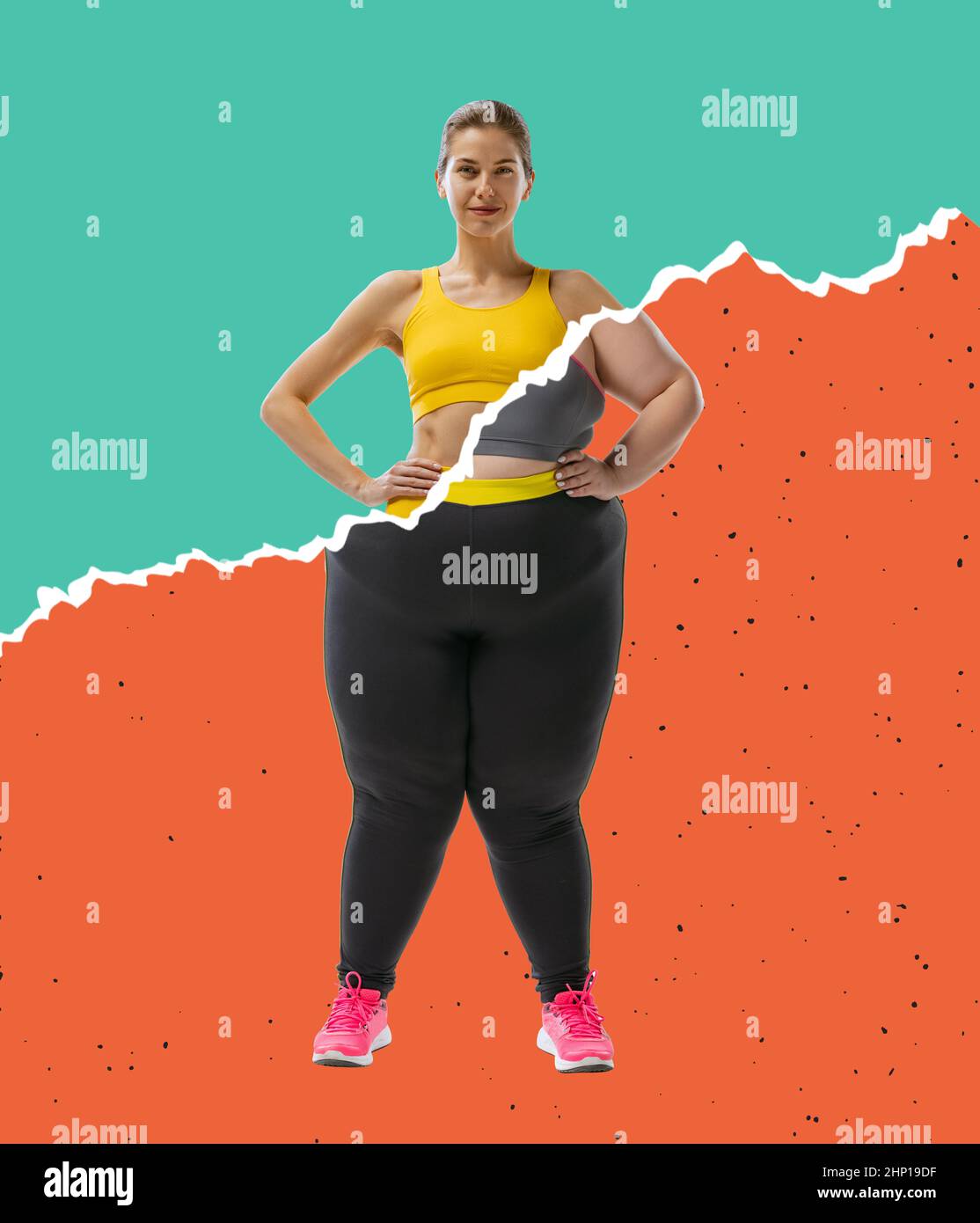 Creative artcollage with young slim girl and plus-size woman wearing sport  uniform isolated on green orange background. Weight loss concept Stock  Photo - Alamy