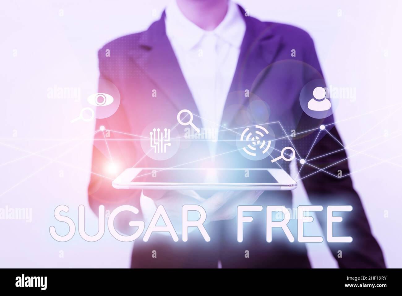 Inspiration showing sign Sugar Free, Business concept containing an artificial sweetening substance instead of sugar Woman In Suit Standing Using Devi Stock Photo