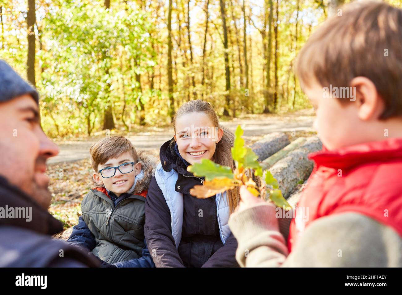Children from the forest kindergarten learn about trees from the forester during a guided tour of the forest Stock Photo