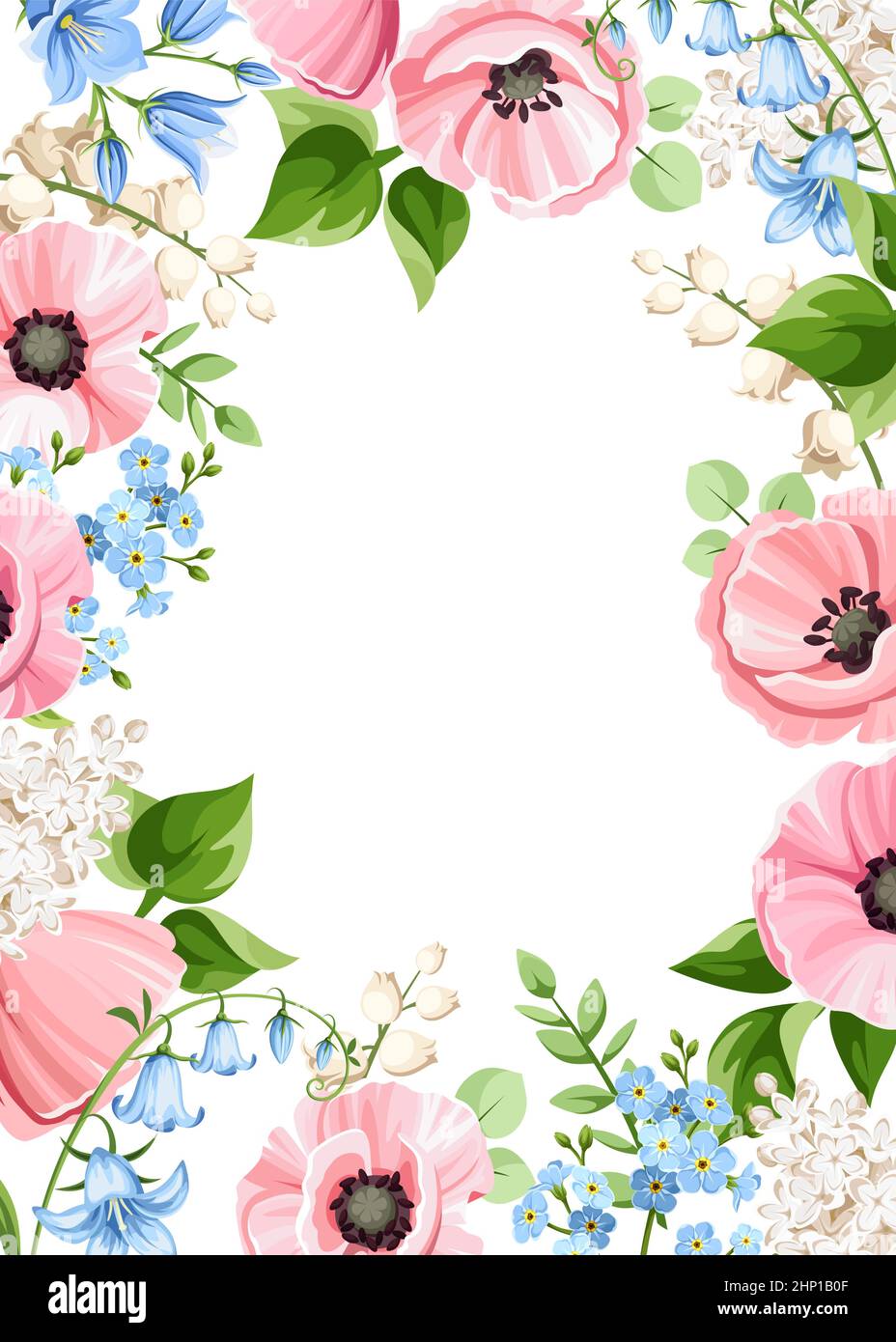 Vector card with pink poppy flowers, white lilac and lily of the valley  flowers, and blue bluebell and forget-me-not flowers. Greeting or  invitation card design Stock Vector Image & Art - Alamy