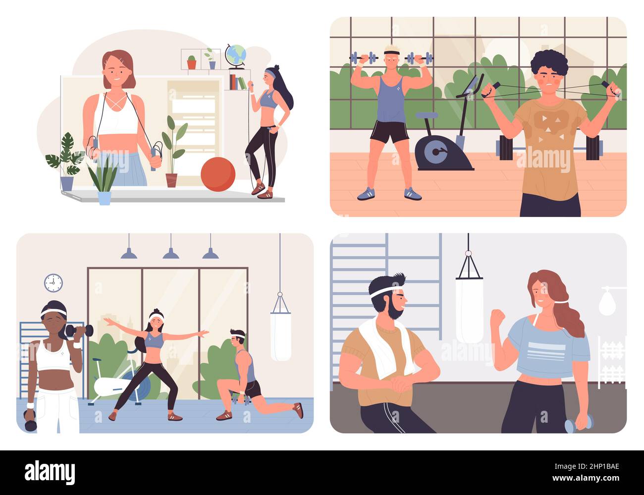 Physical workout exercises of sport people in gym set vector ...