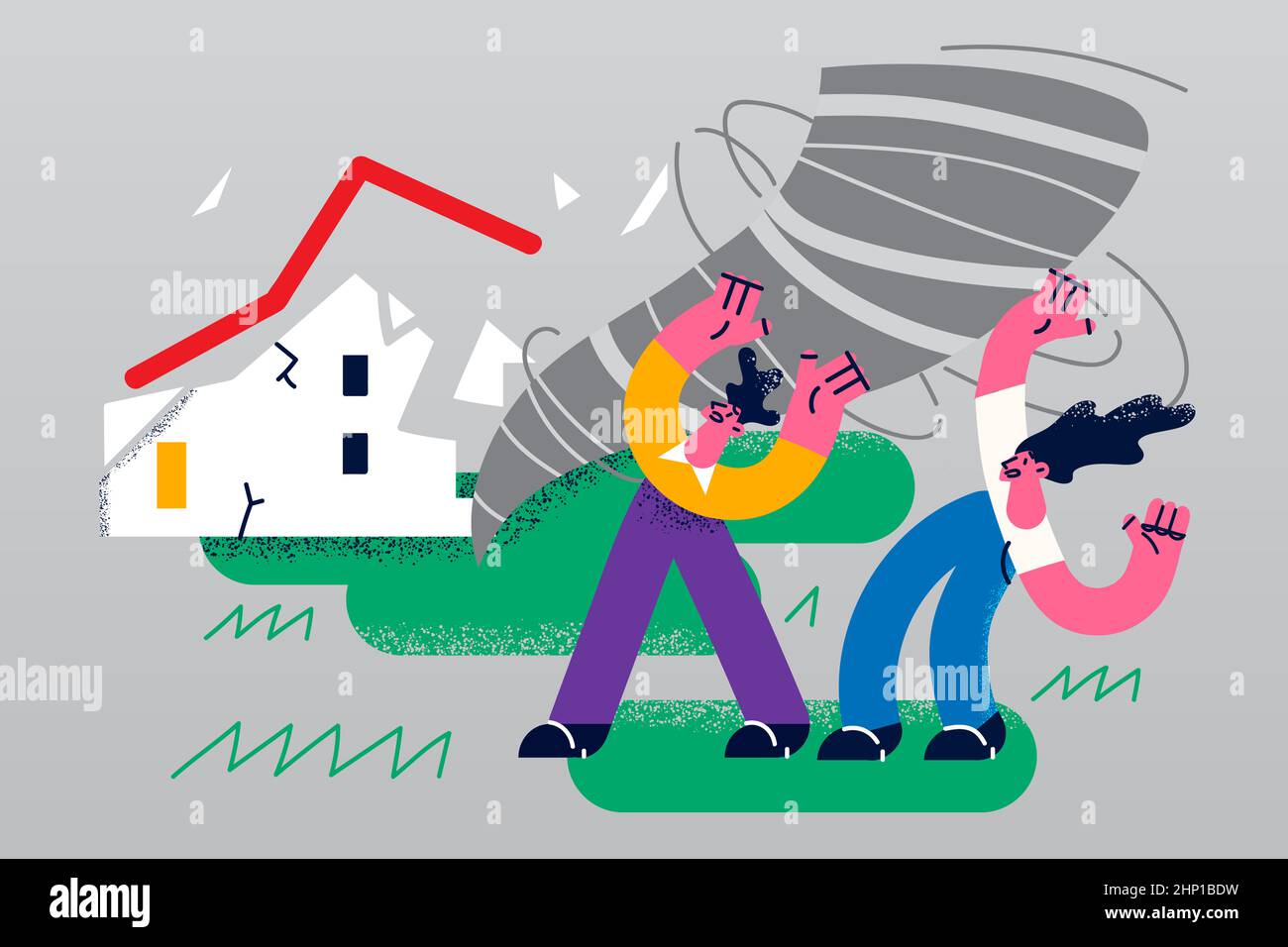 Stressed people saving from strong powerful tornado running town. Distressed man and woman suffer from natural disaster. Environment catastrophe, dama Stock Photo