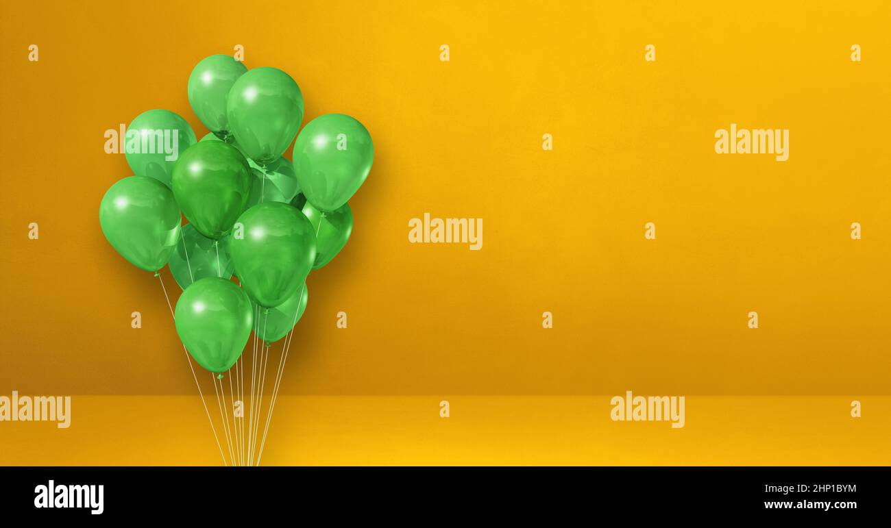 Green balloons bunch on a yellow wall background. Horizontal banner. 3D ...