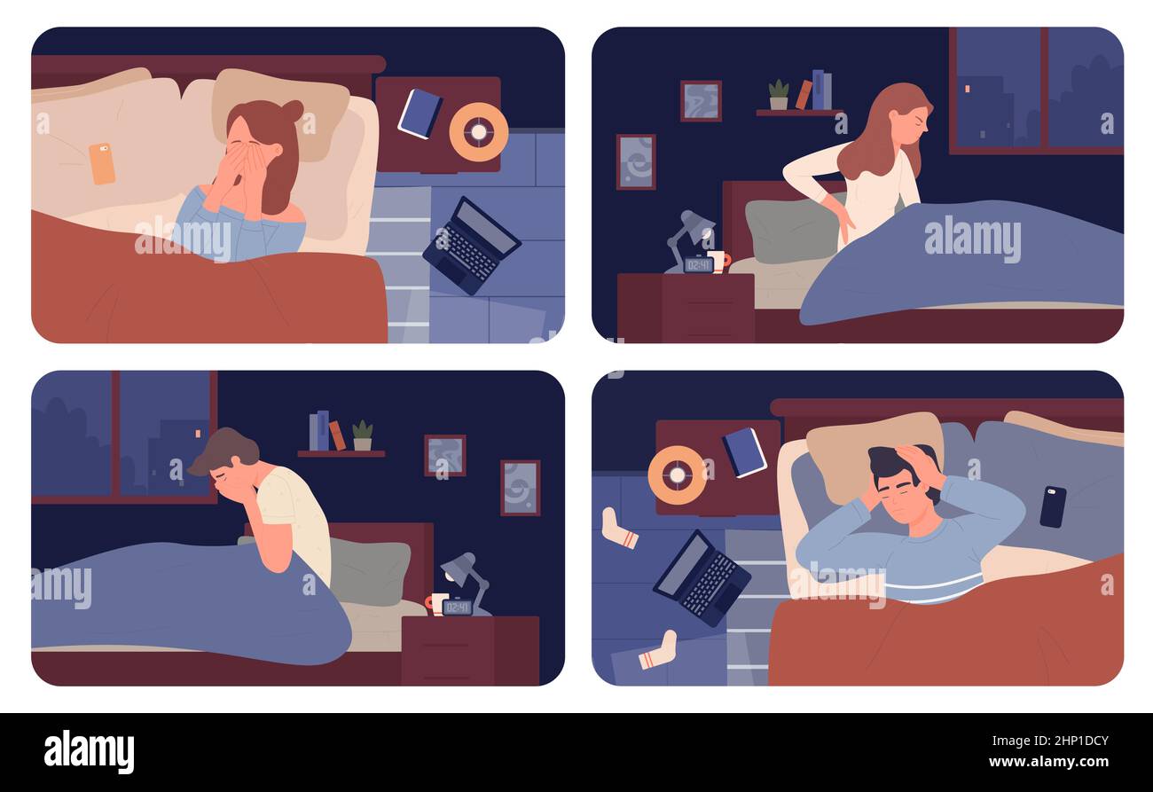 Sleepy sad people with insomnia problem at night set vector illustration. Cartoon nervous woman man characters lying on pillow under blanket or sittin Stock Vector
