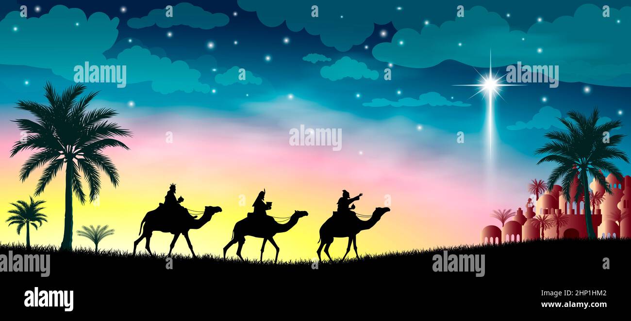 Three wise men against the background of the star of Bethlehem. Their journey with gifts to Bethlehem. Biblical scene on the eve of the birth of Jesus Stock Photo