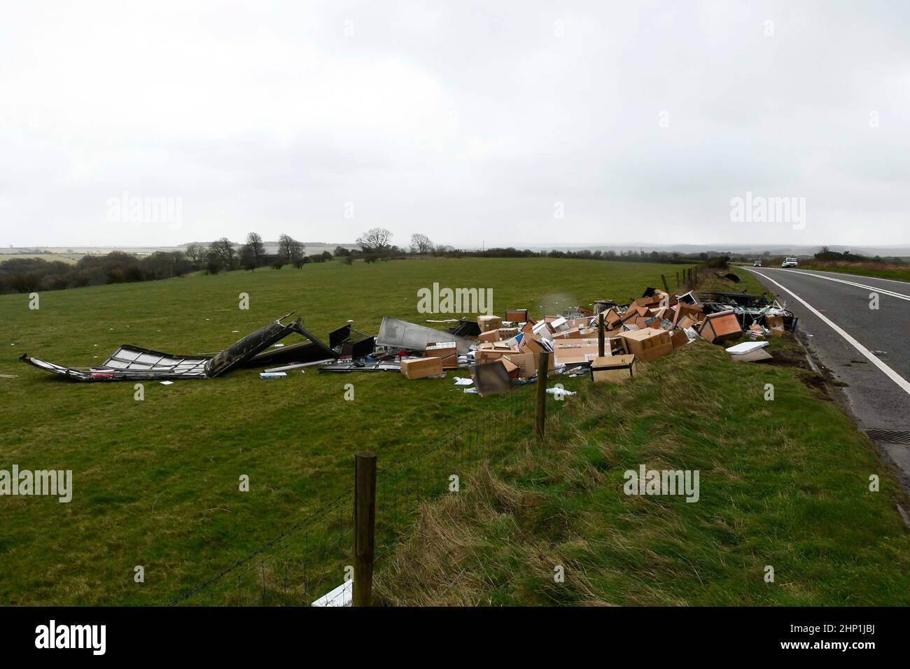 Maiden Newton, Dorset, UK. 18th February 2022. UK Weather. Debris from
