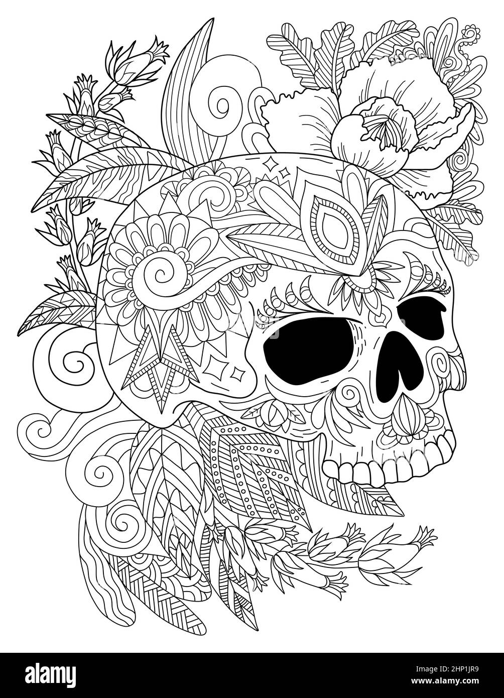 Skull Tattoo Drawing Surrounded By Roses In Side View Looking Down. Stock Photo