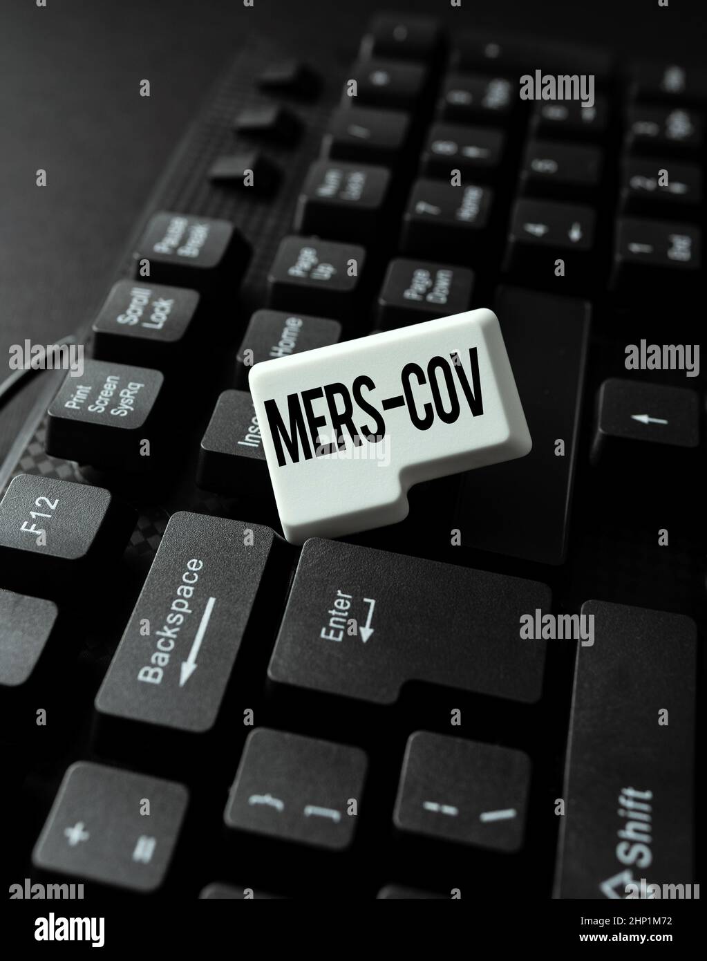 Text caption presenting Mers Cov, Business showcase viral respiratory illness that first reported Saudi Arabia Typing And Publishing Descriptions Onli Stock Photo