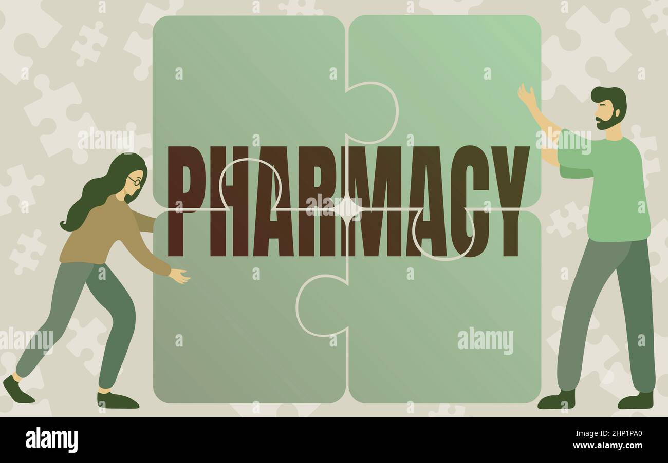Writing displaying text Pharmacy, Word for shop or hospital dispensary where medicinal drugs are sold Colleagues Drawing Fitting Four Pieces Of Jigsaw Stock Photo