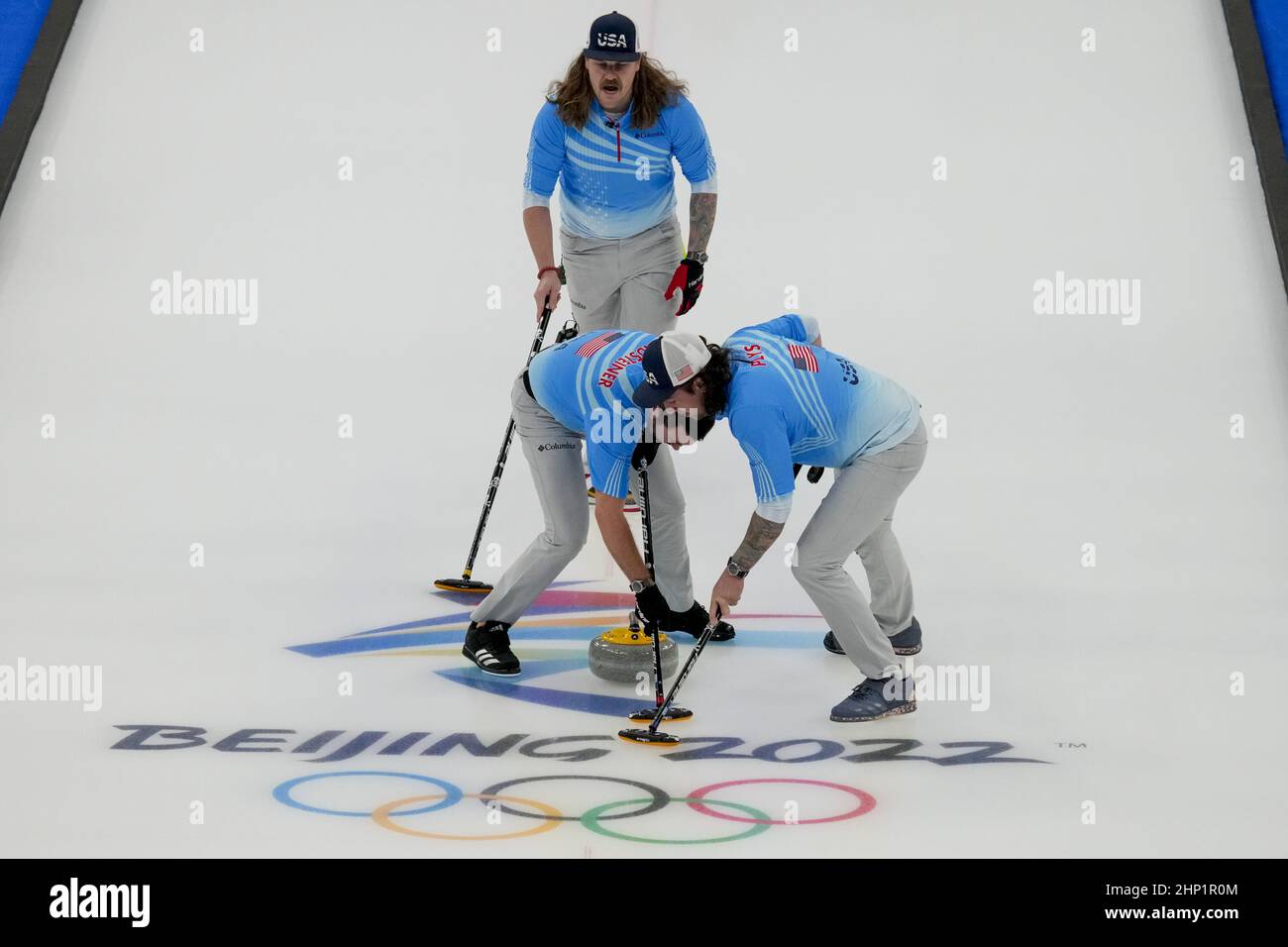Beijing, China. 18th Feb, 2022. Team USA skip Matt Hamilton shouts to sweeps John Landsteiner (L) and Christopher Plys during their Men's Curling Bronze Medal Game against Team Canada at the Beijing 2022 Winter Olympics on Friday, February 18, 2022. Photo by Paul Hanna/UPI Credit: UPI/Alamy Live News Stock Photo