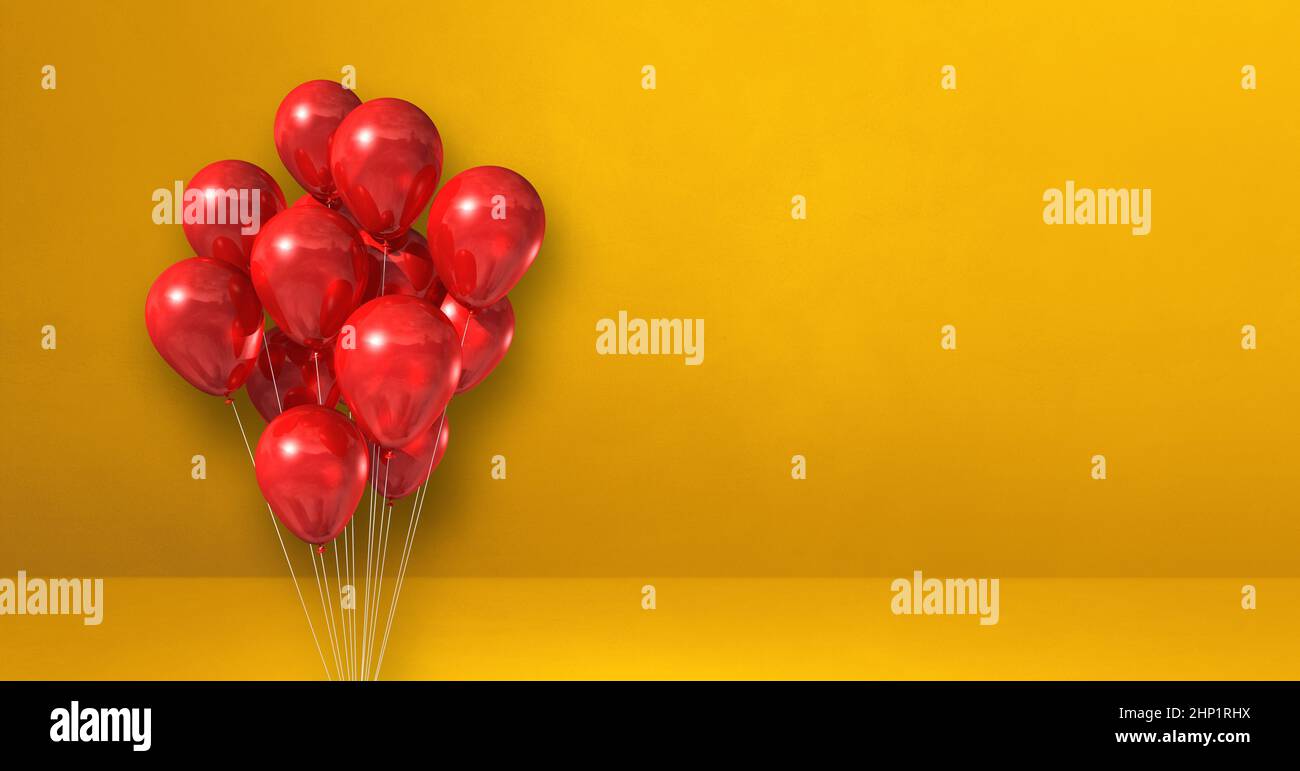 Red balloons bunch on a yellow wall background. Horizontal banner. 3D ...