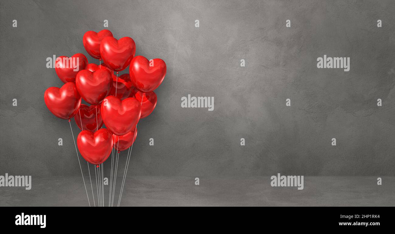 Red heart shape balloons bunch on a grey wall background. Horizontal ...
