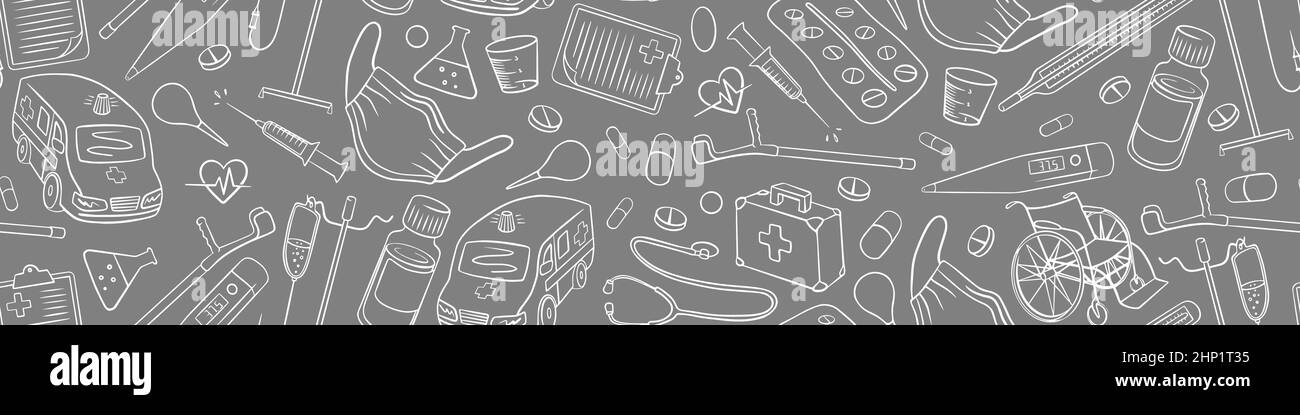 Seamless horizontal border with medical doodles. Pattern with hand ...