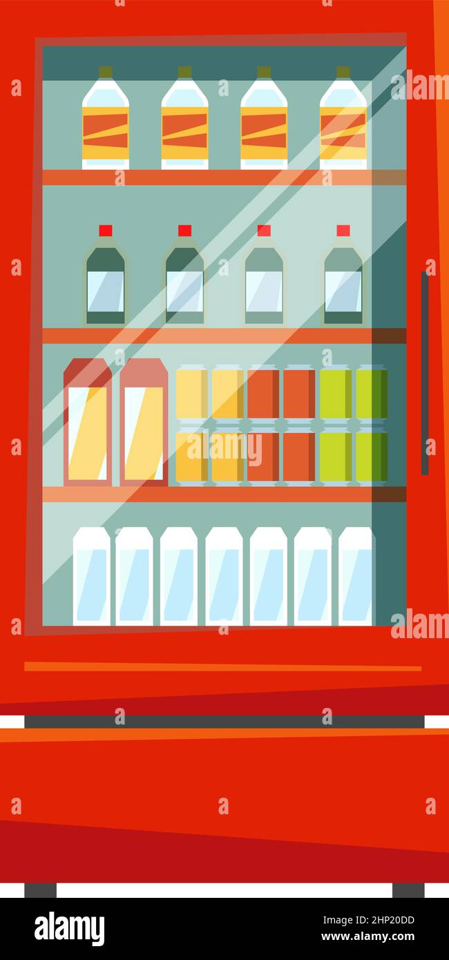 Drink showcase. Red store fridge with glass doors Stock Vector
