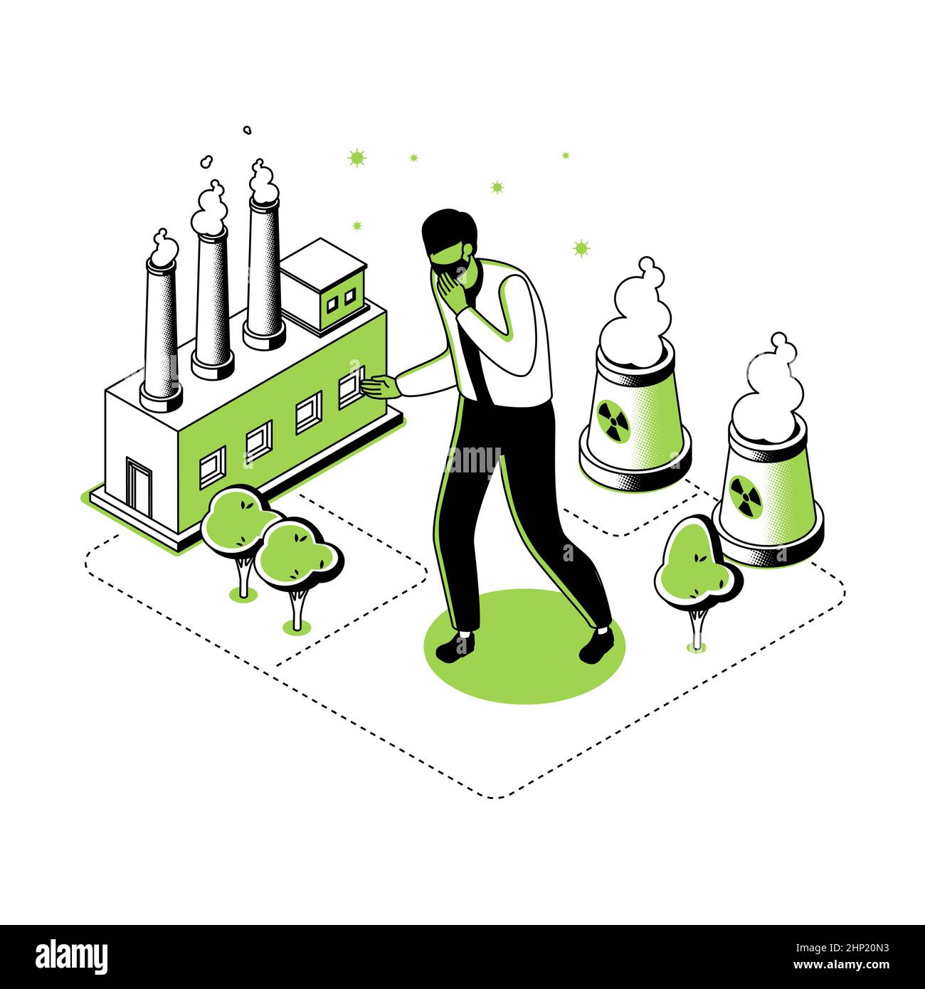 Air pollution - modern line isometry design style illustration. Detailed picture with a man in face mask, factory, towers of nuclear power plant, bio Stock Vector