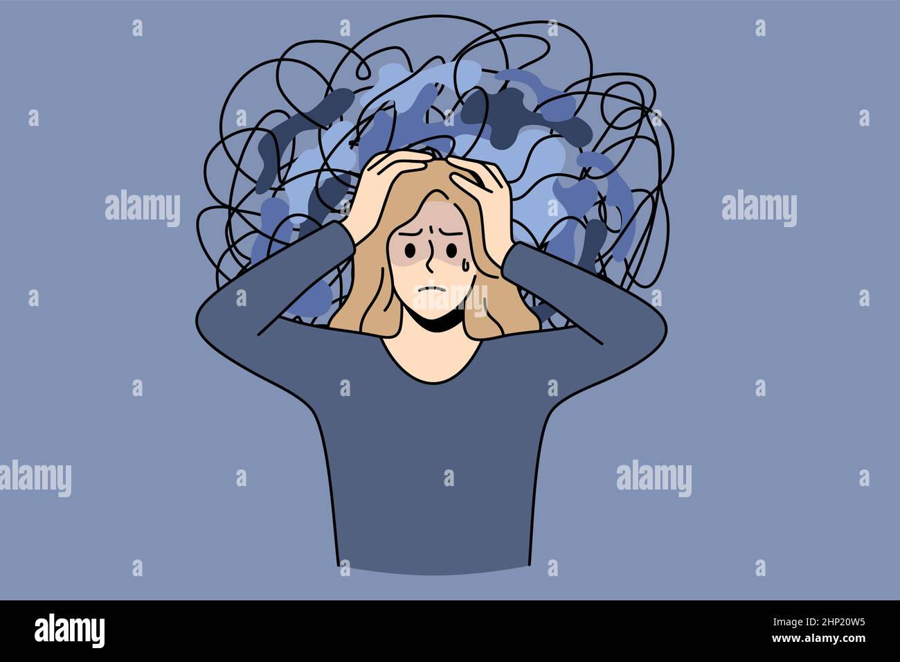 Chaos and mess in mind concept. Frustrated young stressed girl standing touching head having messy thoughts and no clearance in mind vector illustrati Stock Photo