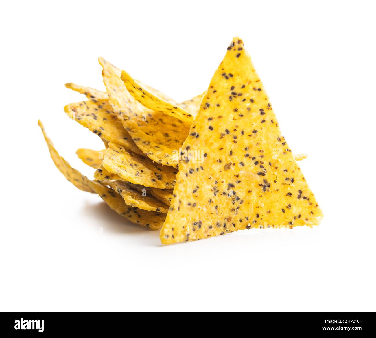 Salted tortilla chips triangle with chia seeds. Stock Photo