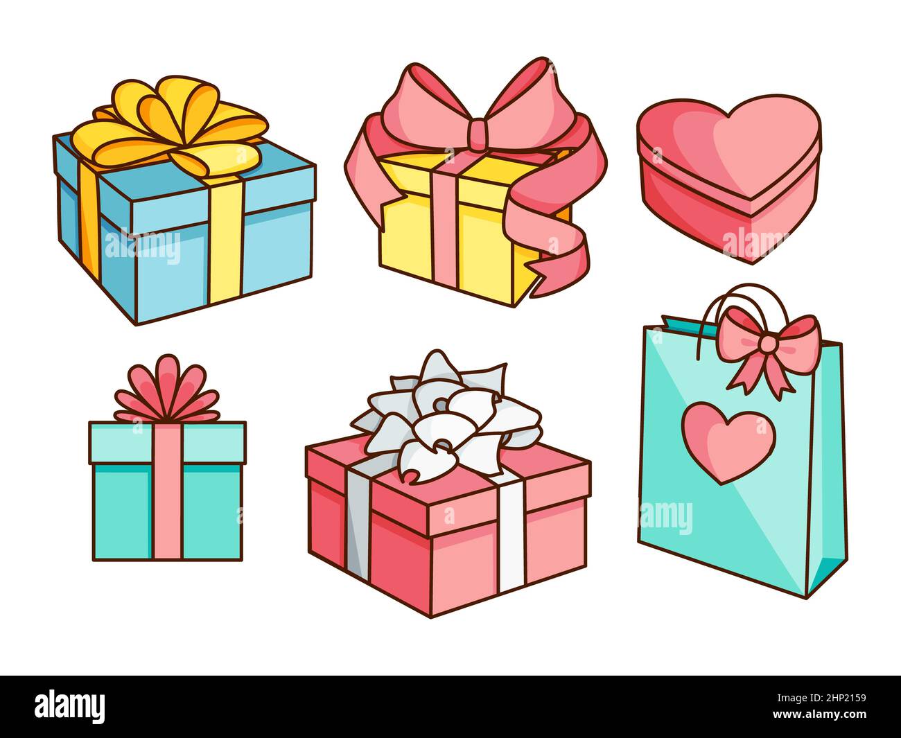 Doodle set of gift boxes with bows, heart shaped box, gift bag. Hand drawn presents collection. Graphic design elements for Valentine's Day, birthday, Stock Photo
