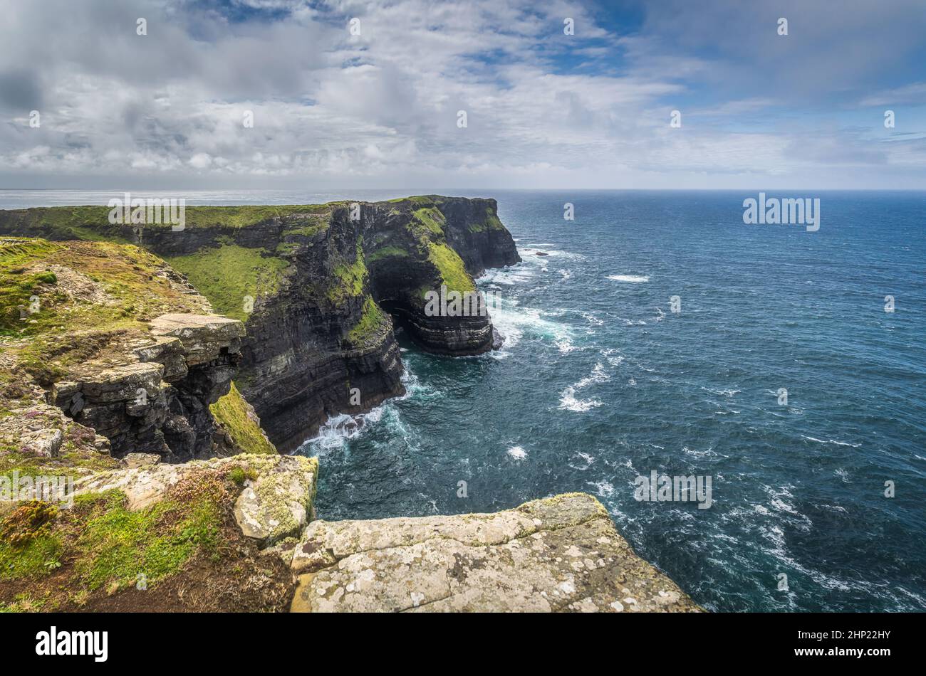 Beautiful panorama of iconic Cliffs of Moher, popular tourist attraction, Wild Atlantic Way, County Clare, Ireland Stock Photo