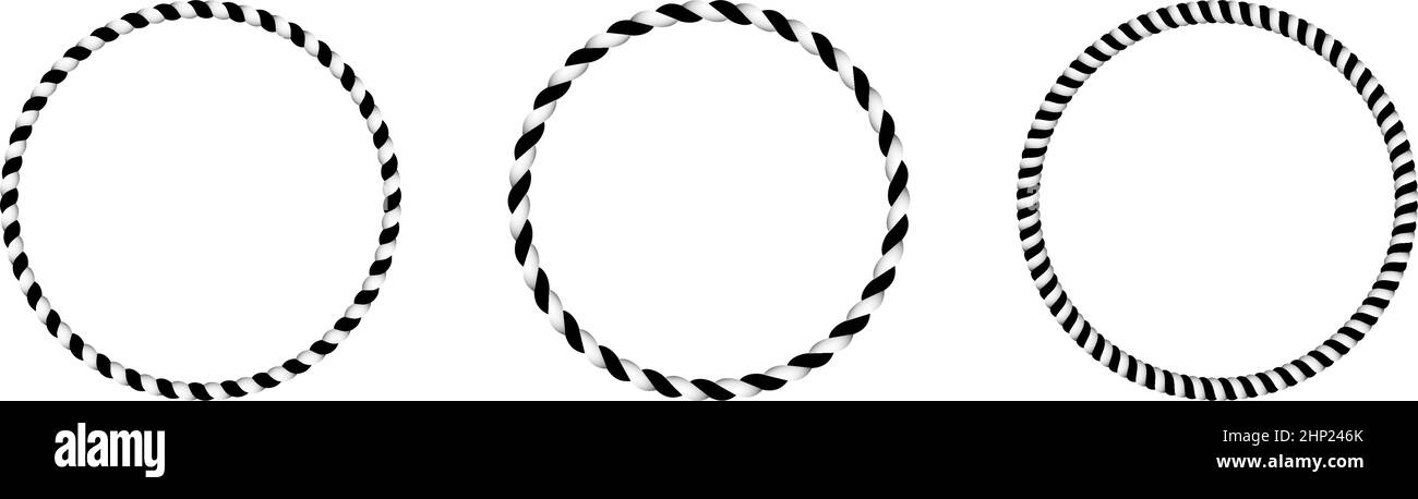 Cord or rope circle set arrangement in black and white gradient as vector on an isolated white background. Stock Vector