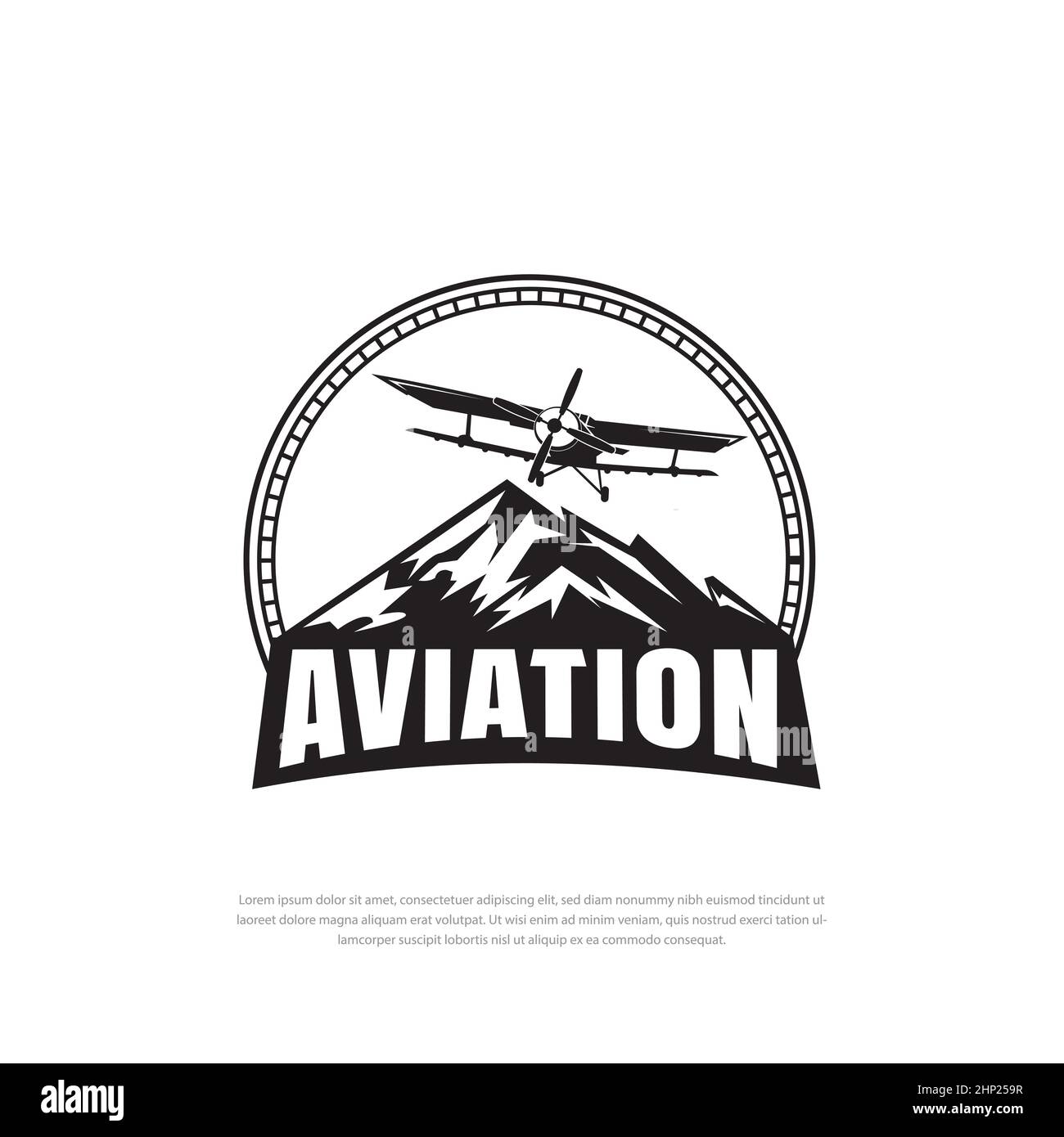 Vintage airplane logo design. Retro Grunge Airplane with emblem logo, air transport in sky on mountain background Stock Vector