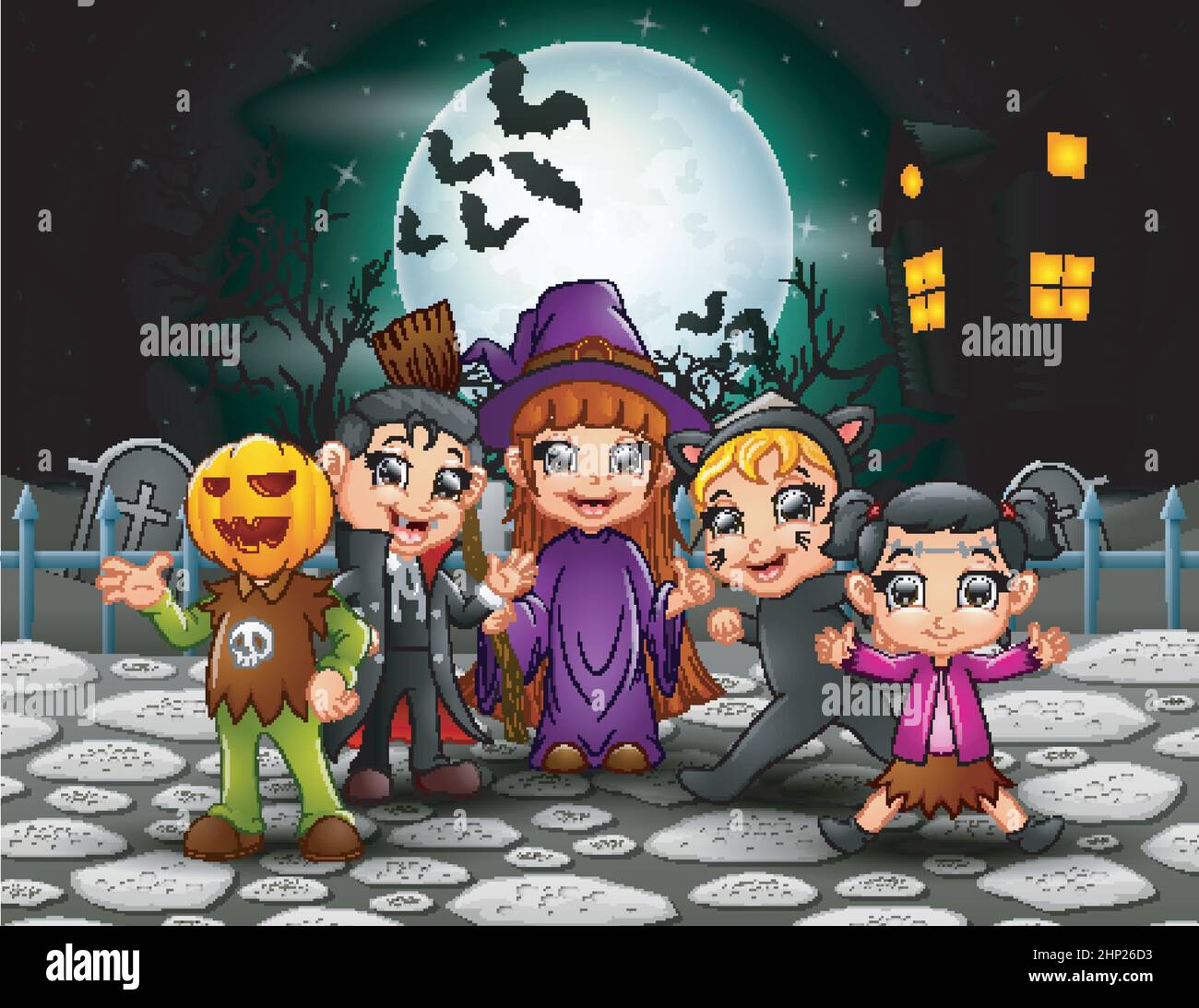 Happy halloween kids in full moon background Stock Vector Image & Art ...
