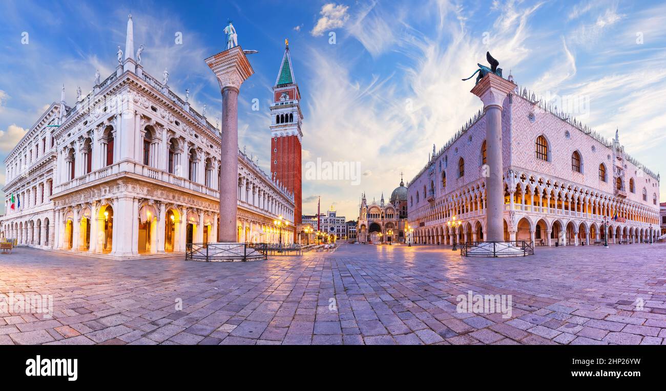 Doge's Palace, Library of Saint Mark and the Columns of Saint Mark and Saint Theodore, panorama of Venice, Italy. Stock Photo