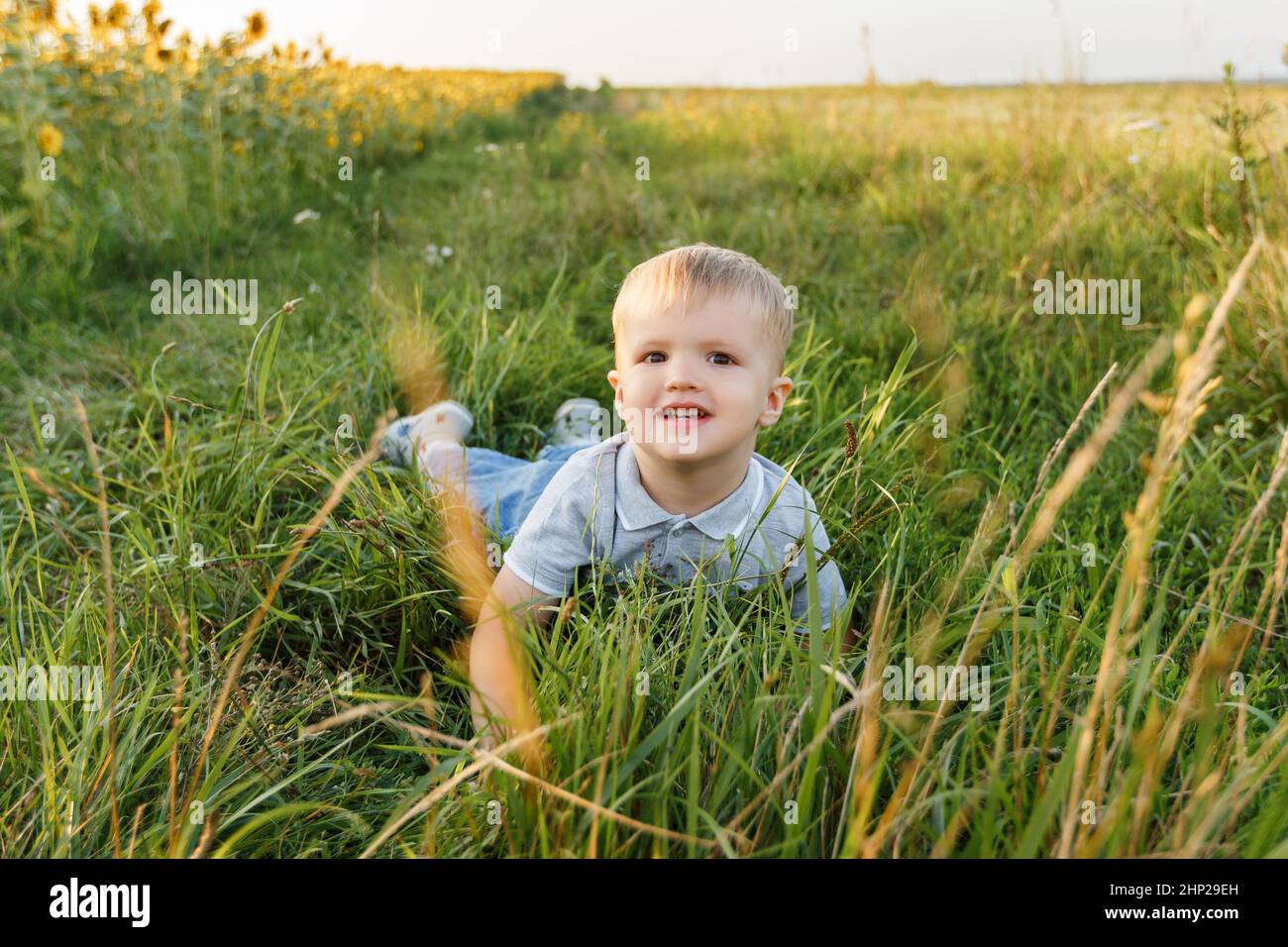 Little boy lying on the grass and smiling. Three years kid having fun in field on sunset. Summer outdoors lifestyle, child leisure, childhood Stock Photo