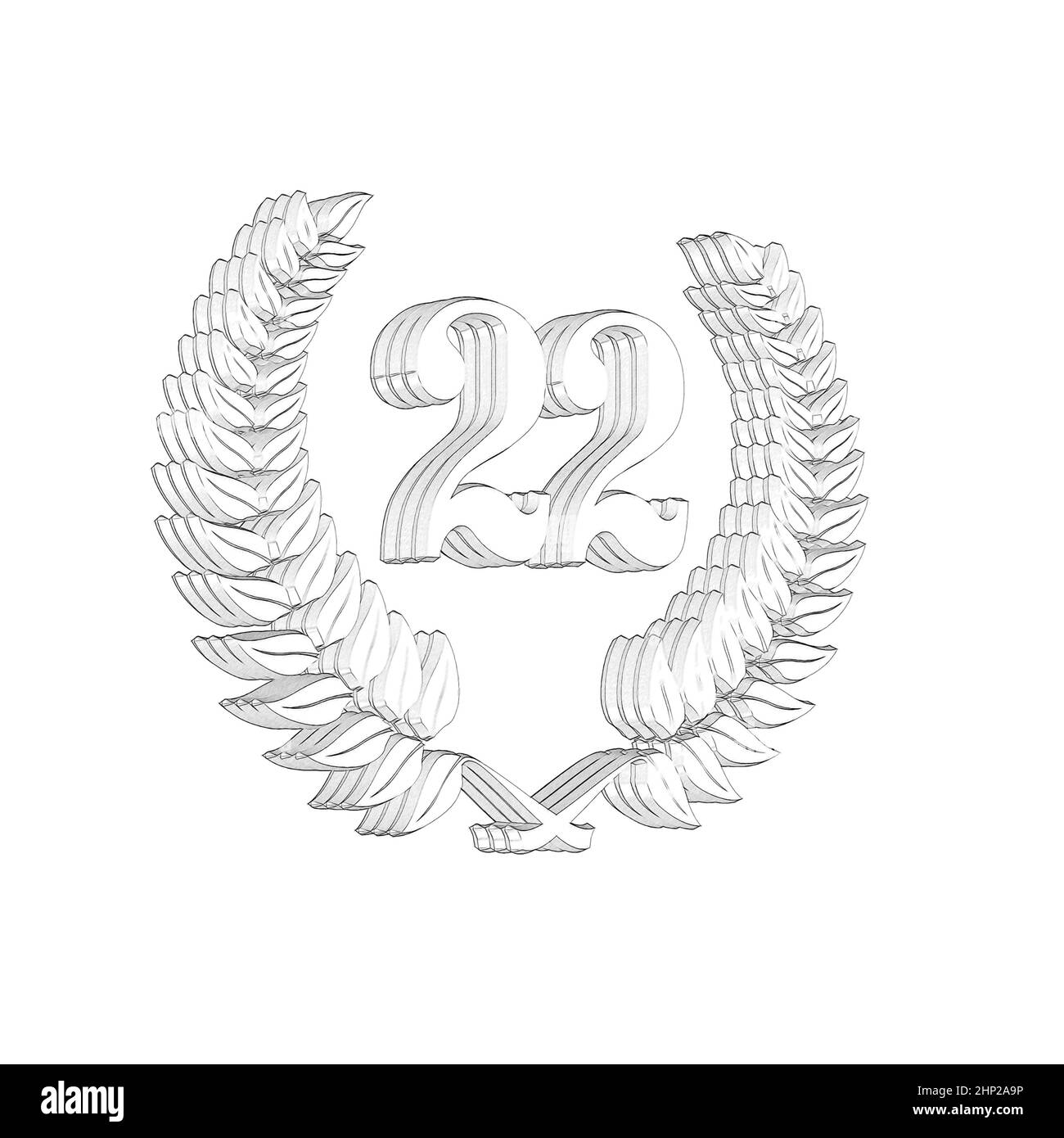 Number 22 with laurel wreath or honor wreath as a 3D-illustration, 3D-rendering Stock Photo