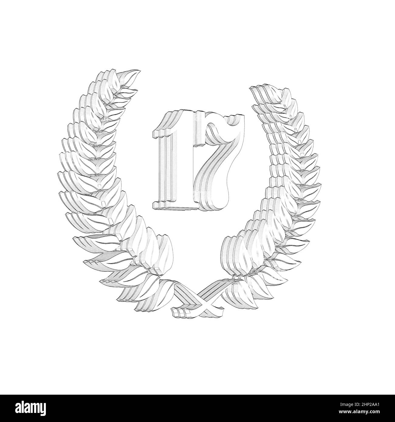Number 17 with laurel wreath or honor wreath as a 3D-illustration, 3D-rendering Stock Photo